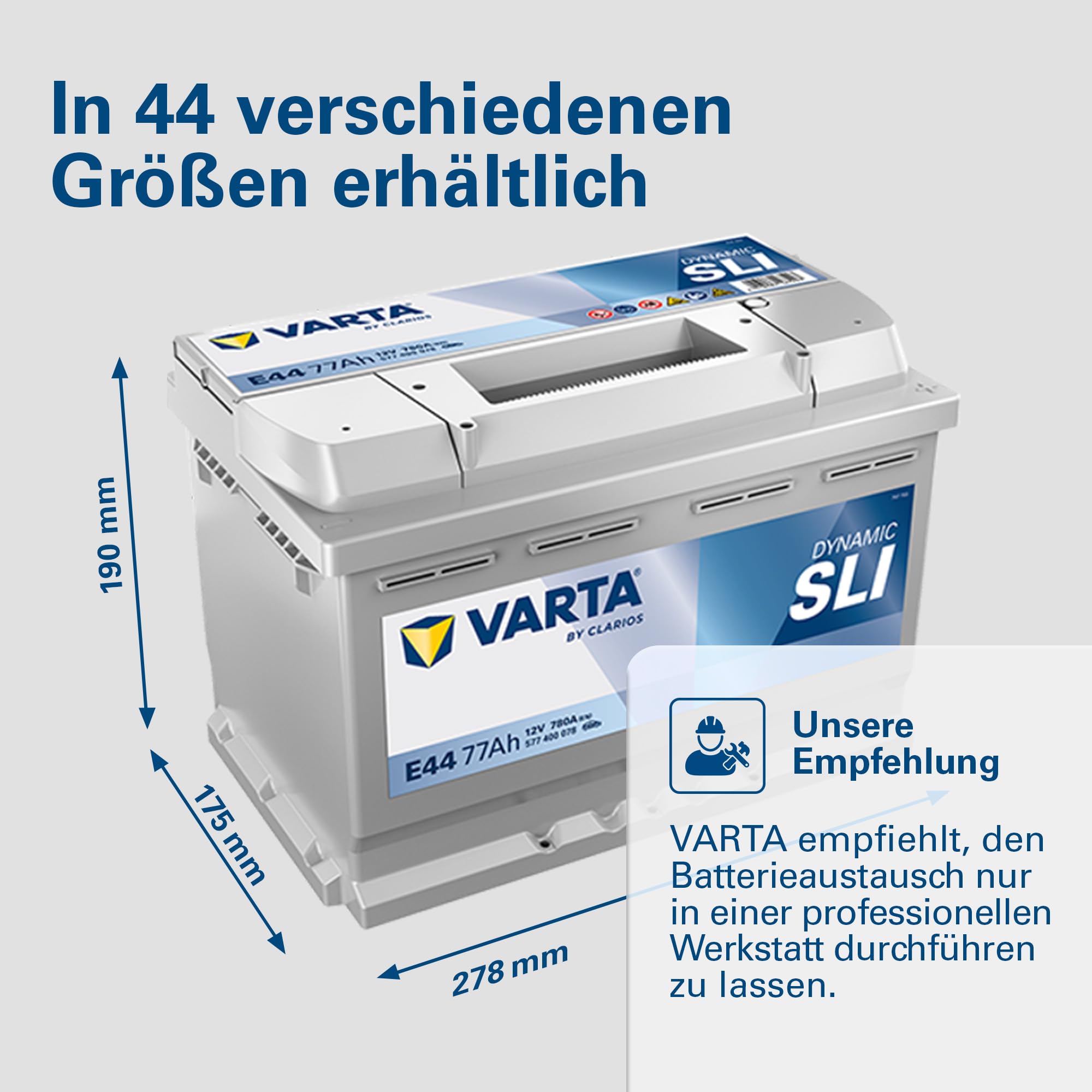 VARTA Automotive DYNAMIC SLI (E44) 12V 77Ah 780A - Nassbatterie KFZ mit Standardausstattung & ohne Start-Stopp System - Starterbatterie für einfachen Energiebedarf - Bleisäurebatterie wartungsfrei | Starterbatterie Standardausstattung & ohne Start-Stopp S