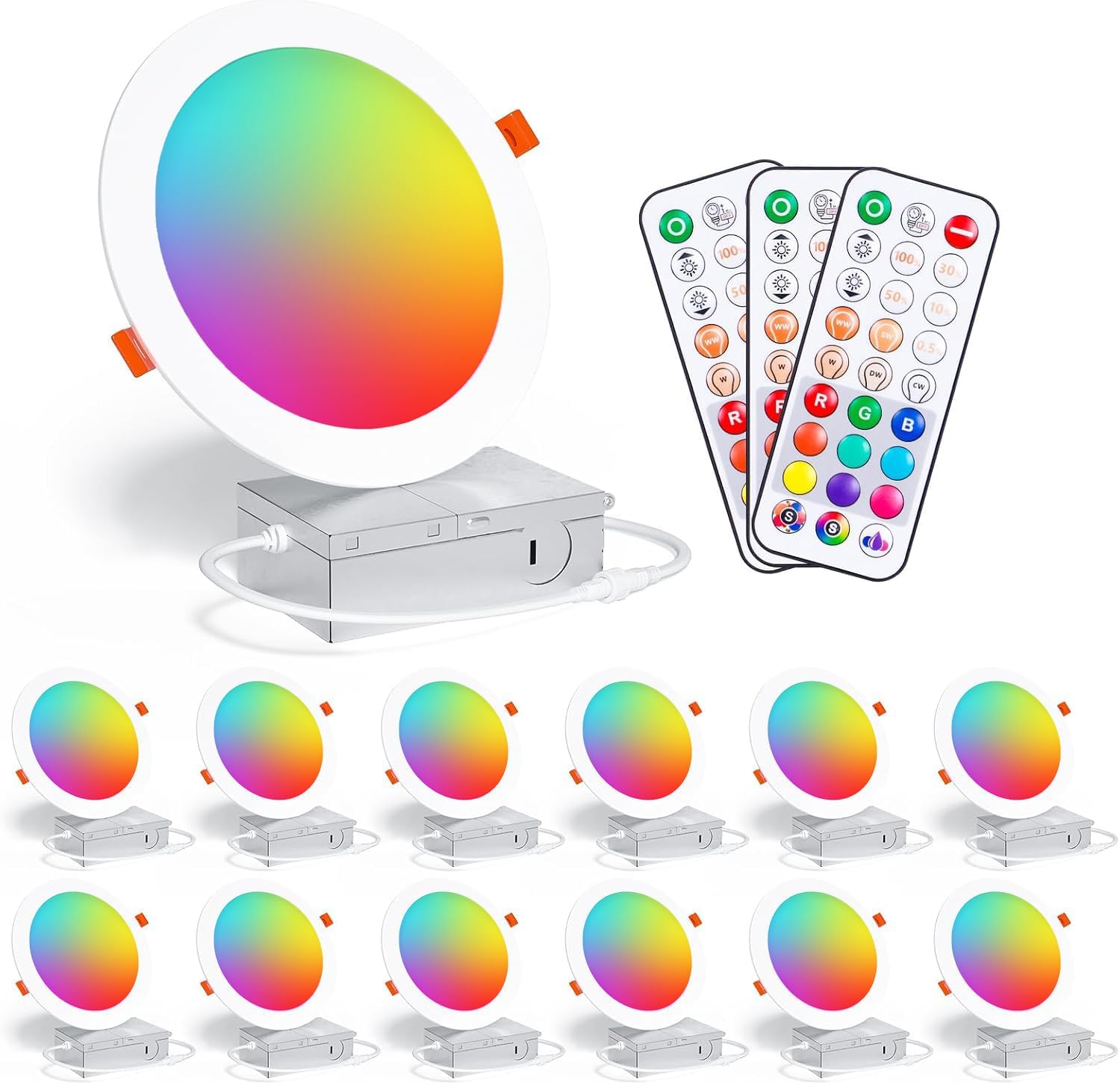 Remote Recessed Lighting 6 Inch,RGBCW Color Changing 16W LED Reccessed Downlights with Junction Box,1350 Lumen Canless Recess Light Dimmable by Remote Control,2700K-6000K,Delayed Light Off, 12Pack
