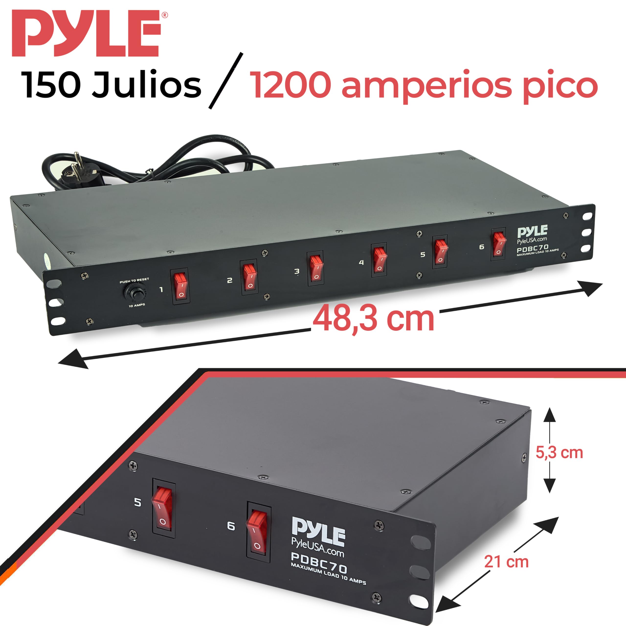 Pyle PDU Protector contra sobretensiones, 150 Julios, 6 Tiras de Salida, De Cable de Extension electrica, Toma de Corriente de Proteccion de Montaje en Rack 1U