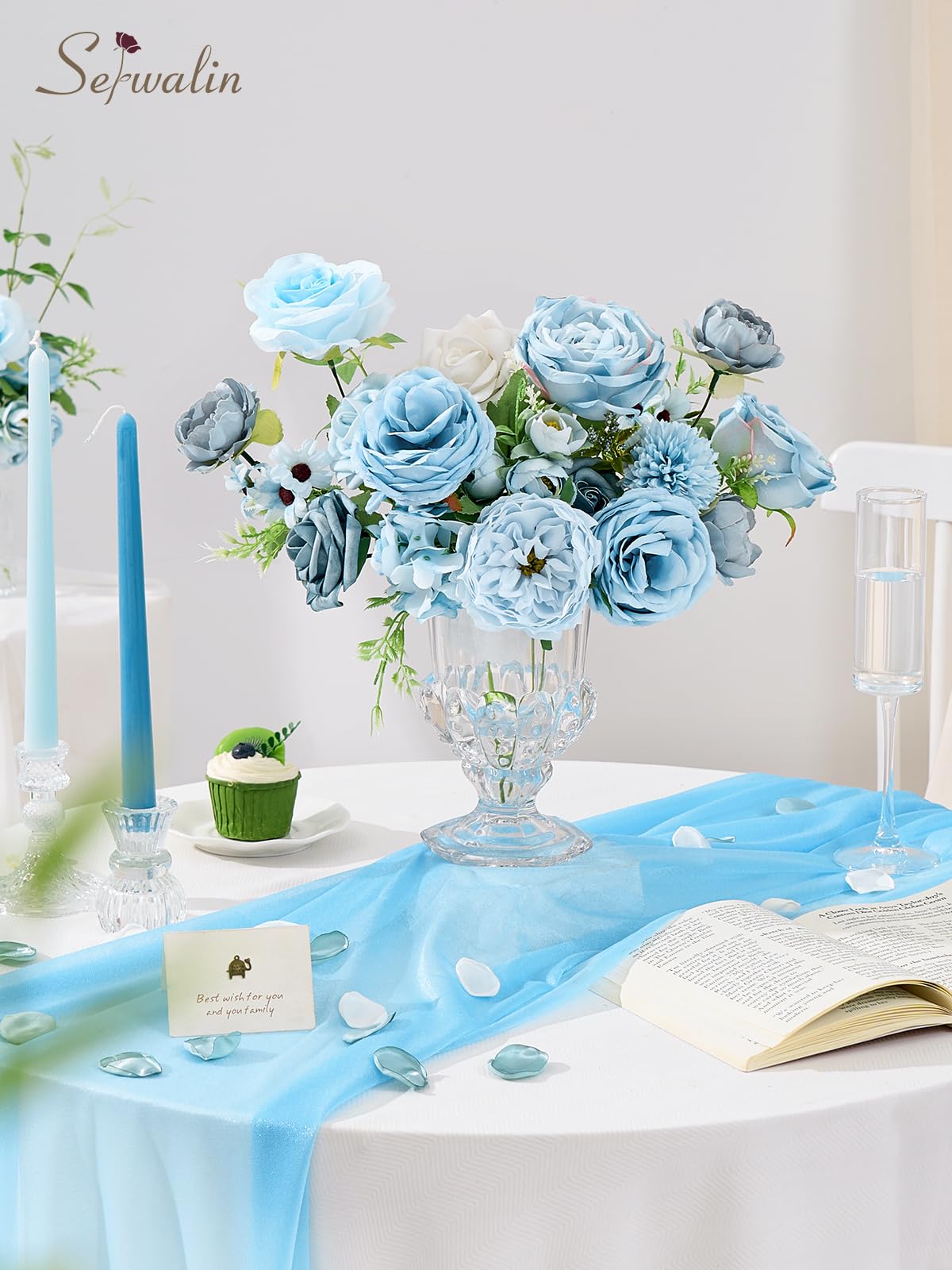 Serwalin Fleurs artificielles bleues en soie