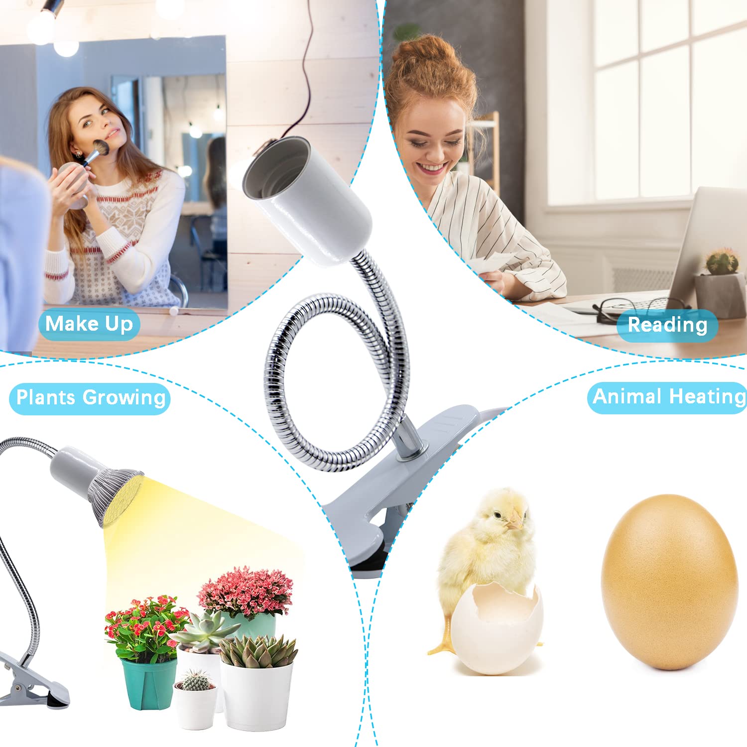 Clip on Lamp Holder, White Clamp Light Socket, Clip on Desk Lamp, E26 Book Clamp Light Fixture, 360° Flexible Gooseneck Lighting, E27 Bulb Holder with 7 Ft Plug and Switch, for Bedside