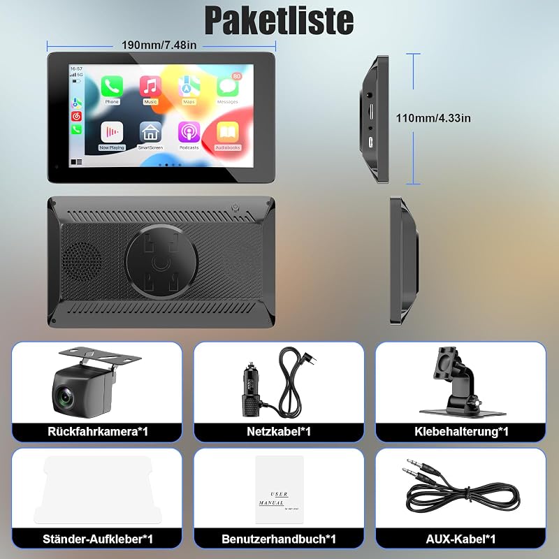 BDFFLY 7" Vezeték Nélküli CarPlay Autós Kijelző Apple és Android Kompatibilitással, GPS Navigációval, Tolatókamerával, Hangvezérléssel és Bl