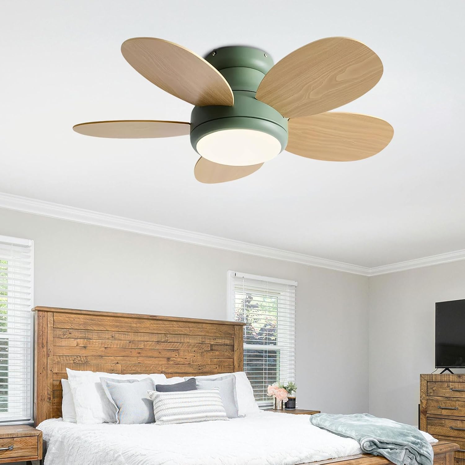 Modern Wood Ceiling Fan with 24W LED Light Smart Quiet Ceiling Fans with Remote and Wall Switch for Bedroom Living Room 6 Speeds Ceiling Fan with DC Motor