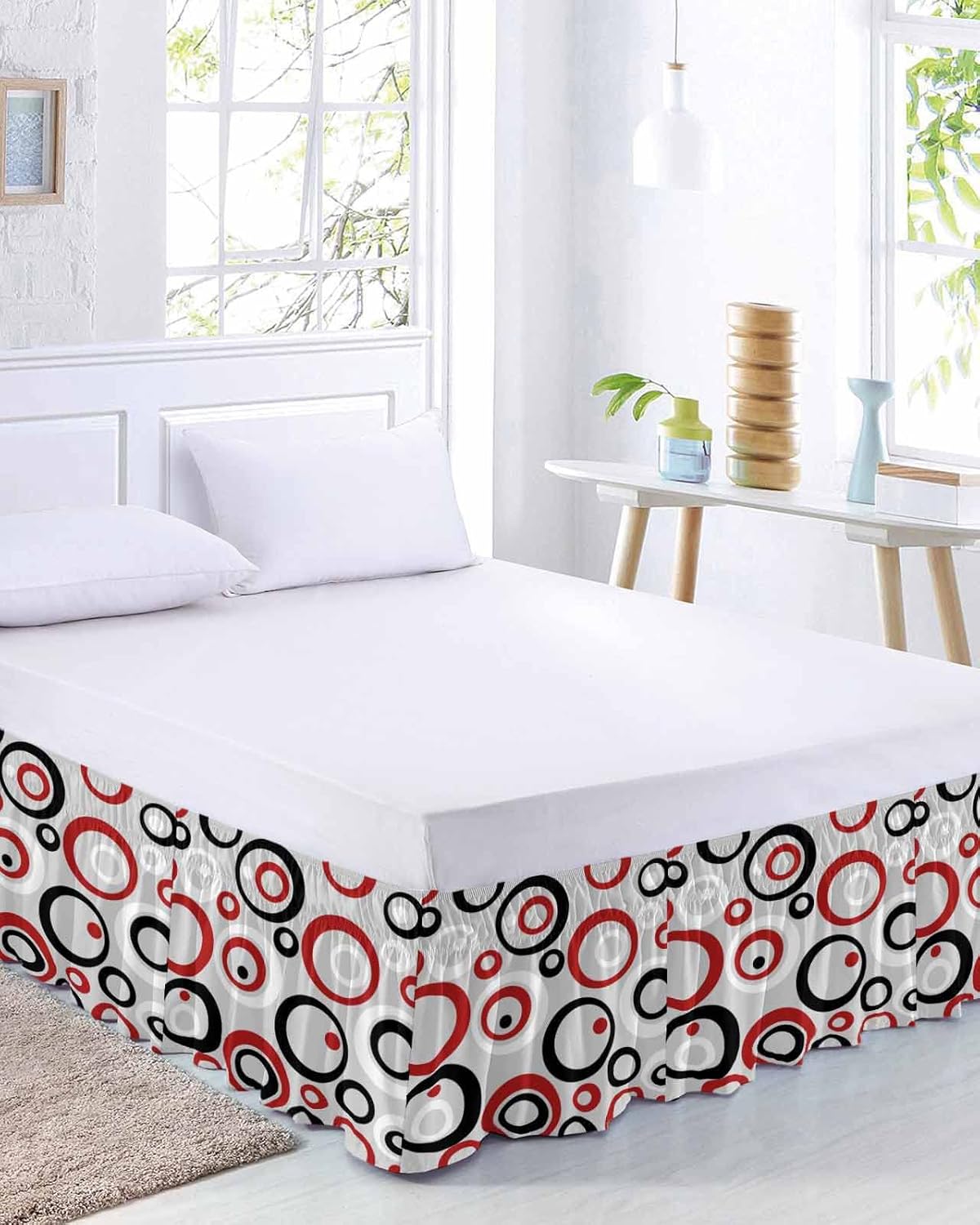Red Black Bed Skirt Queen Size 16 Inch Drop, Adjustable & Elastic Wrap Around Bed