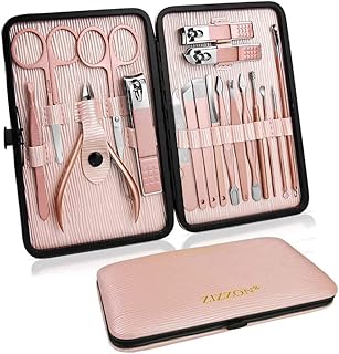 ZIZZON Set de manicure 18 en 1, Set de pedicura profesional, Tijeras de uñas, Kit de aseo con estuche de viaje de cuero Rosa