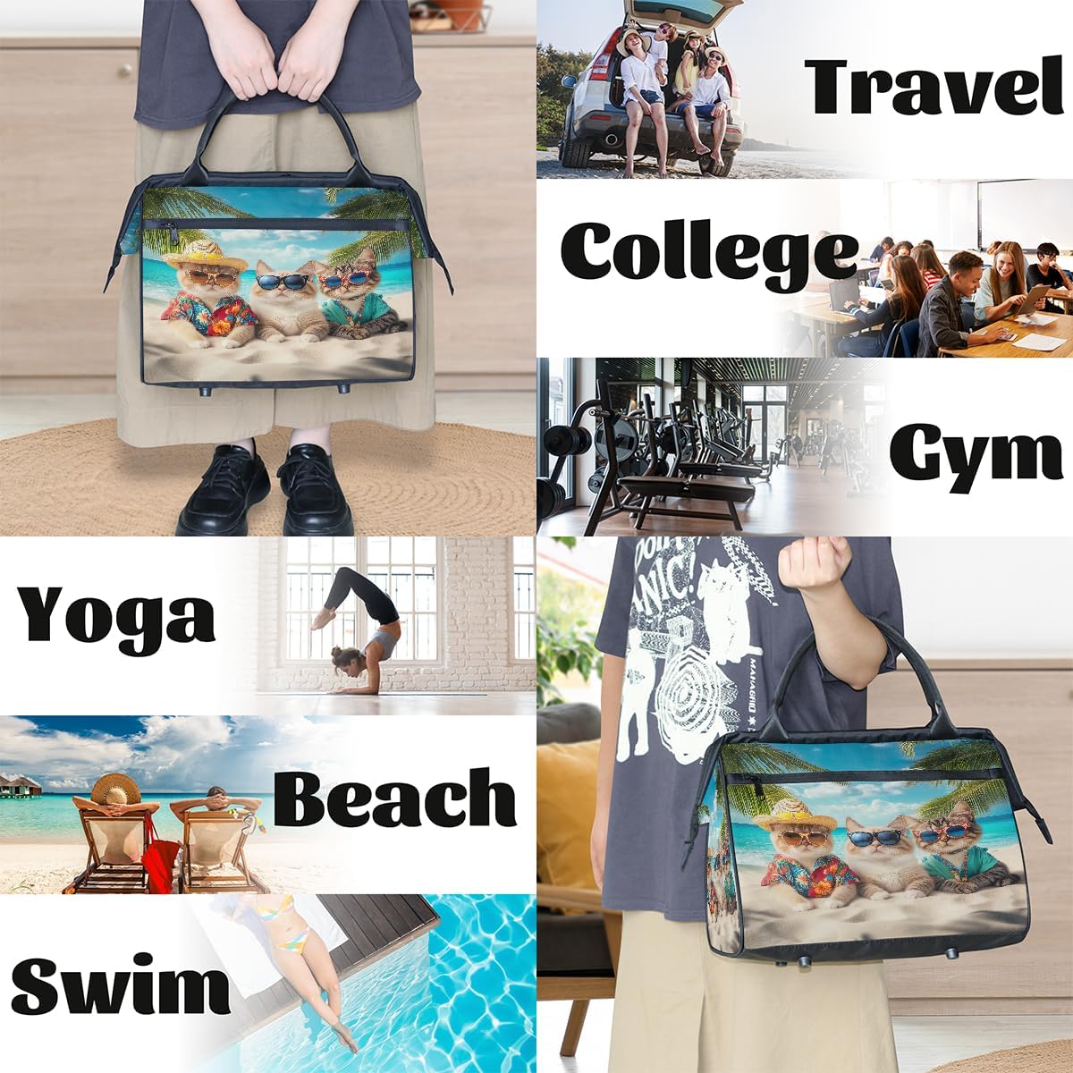 Cute Cats Beach Travel Duffle Bag, Waterproof Weekender Carry-On Bag Large Capacity Overnight Duffel Sport Gym Bag for Women & Men