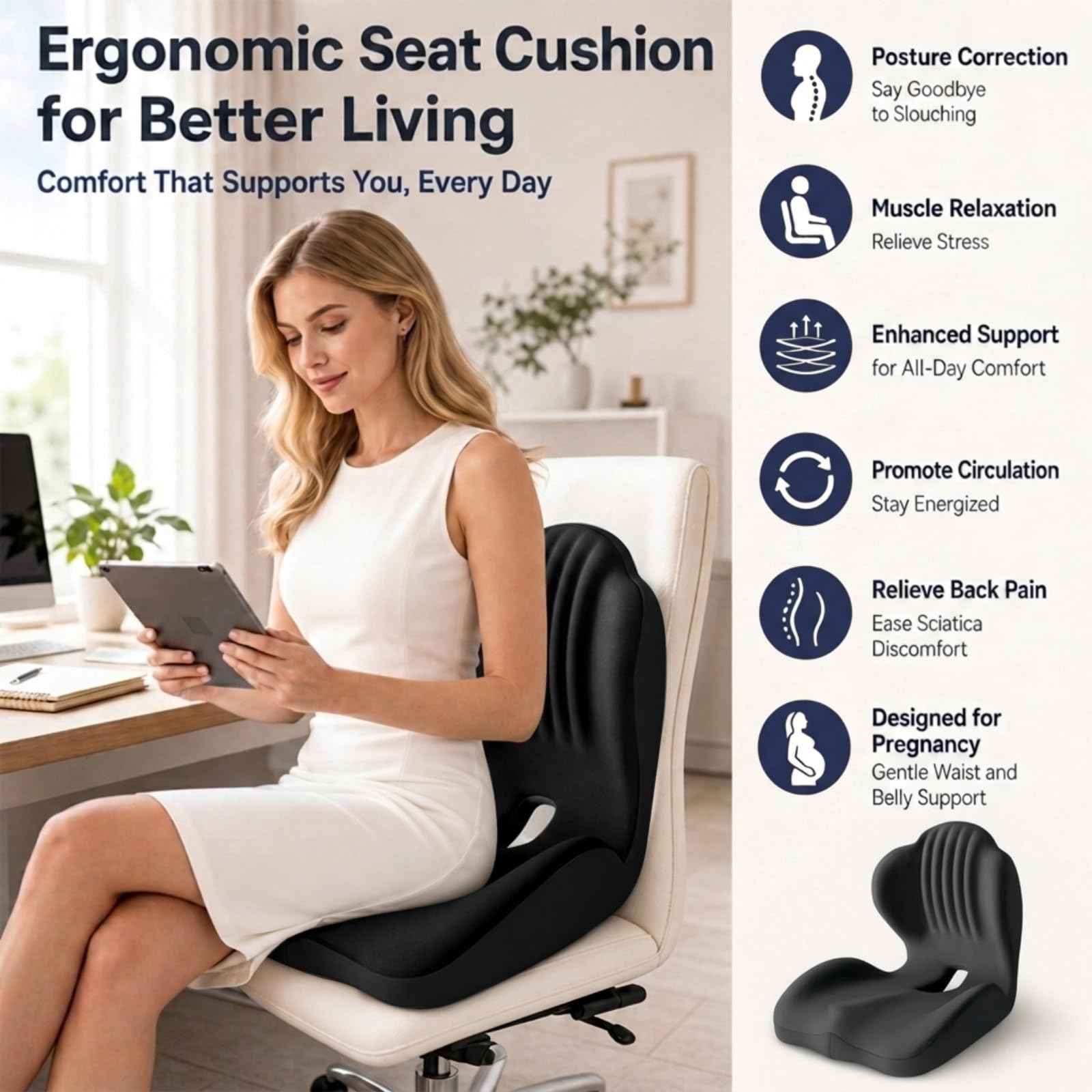 Cojín de asiento ergonómico ortopédico para silla de oficina, con respaldo, soporte lumbar para coche