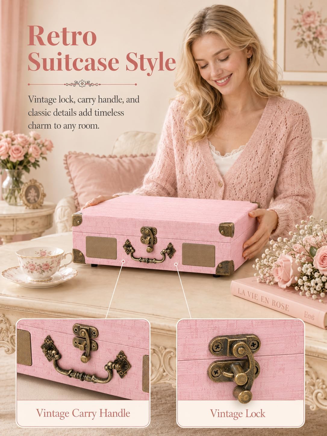 Vinyl Record Player with Bluetooth Output & Input, Treble & Bass Control, Vintage 3-Speed Portable Suitcase Turntable with Built-in Speakers, RCA Out, Headphone Jack, Pink