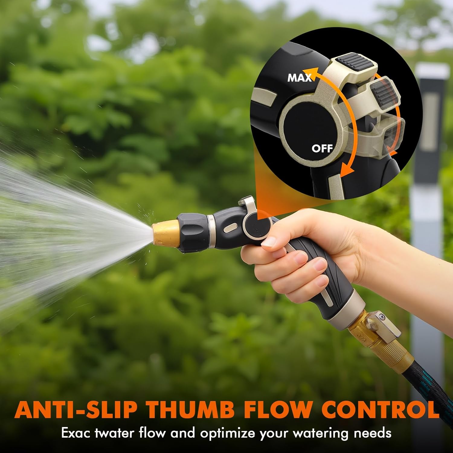 Close-up of the anti-slip thumb flow control on the hose nozzle