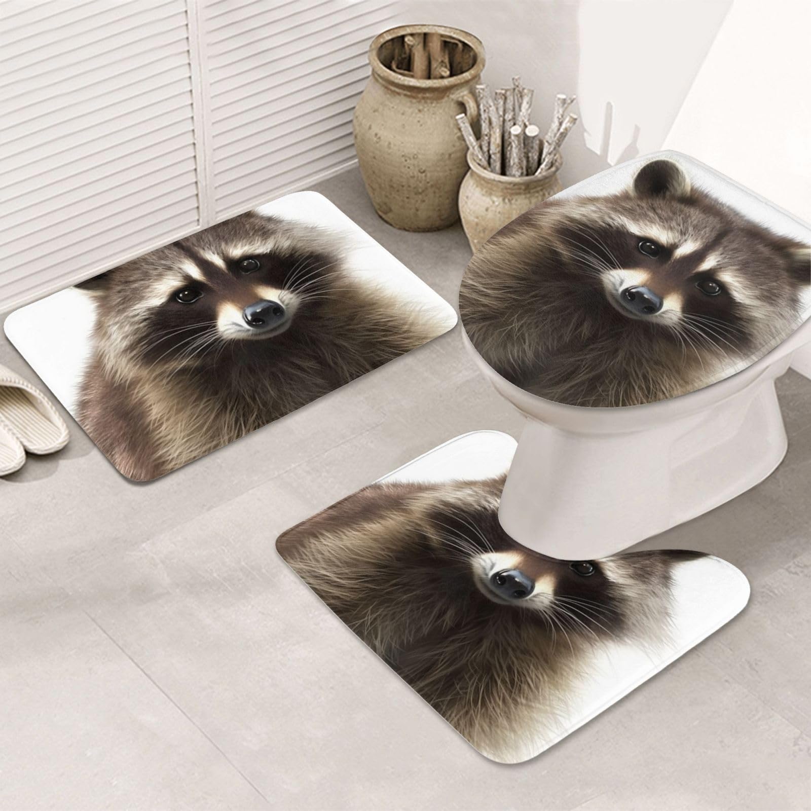 Tapis de bain antidérapant lot de 3 en microfibre lavable motif raton laveur
