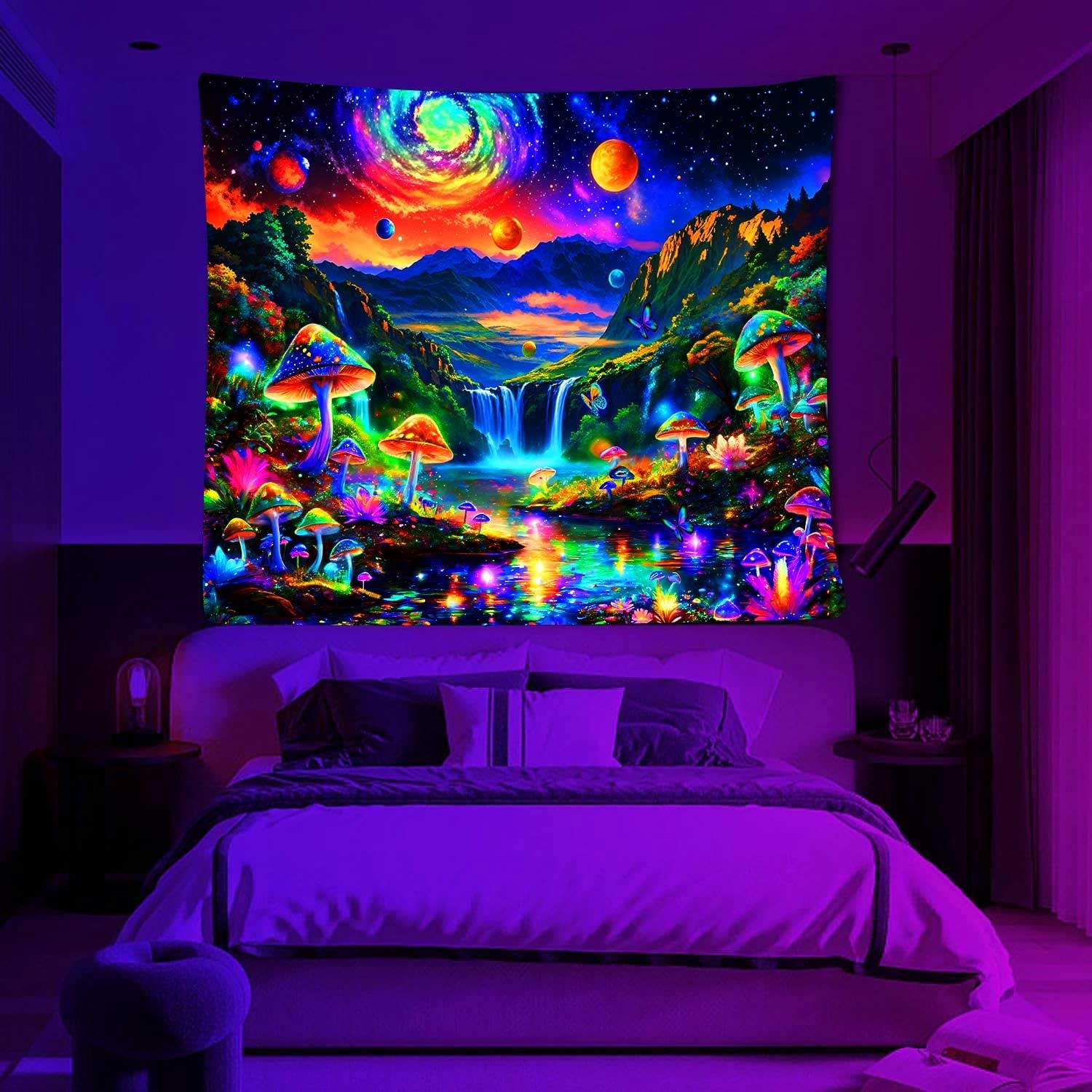 Ine Ive Blacklight Galaxy Space Tapestry UV Reactive Tapestry Mountain Waterfall Mushroom Nature Nature Poster Wall Hanging 60x51Inch for Bedroom Dorm Home Decor - Image 3