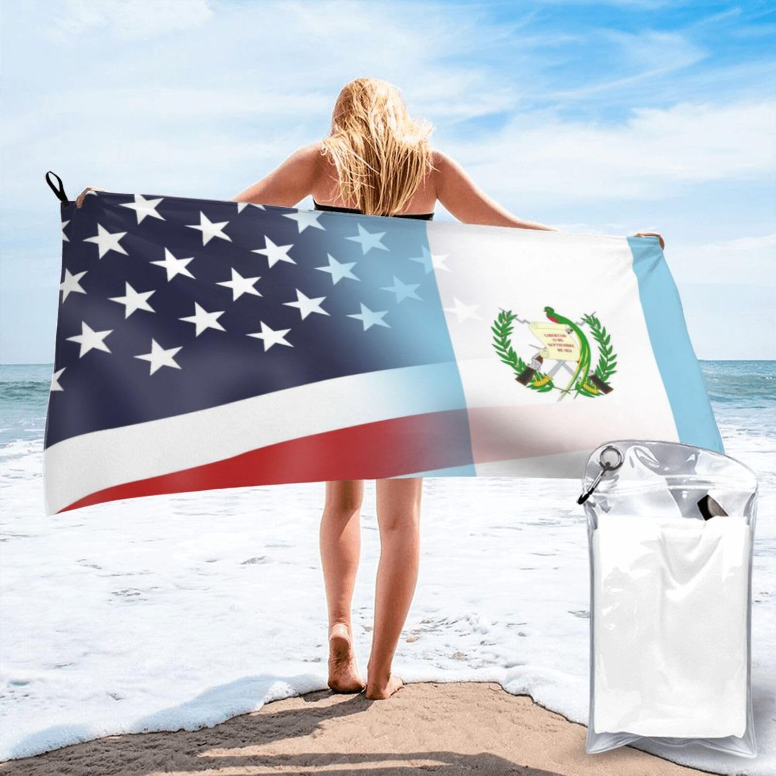 HACXZ Funny America Flag and Guatemalan Guatemala Flag Absorbent Beach Towel Microfiber Beach Shower Towel 27.5"X55"
