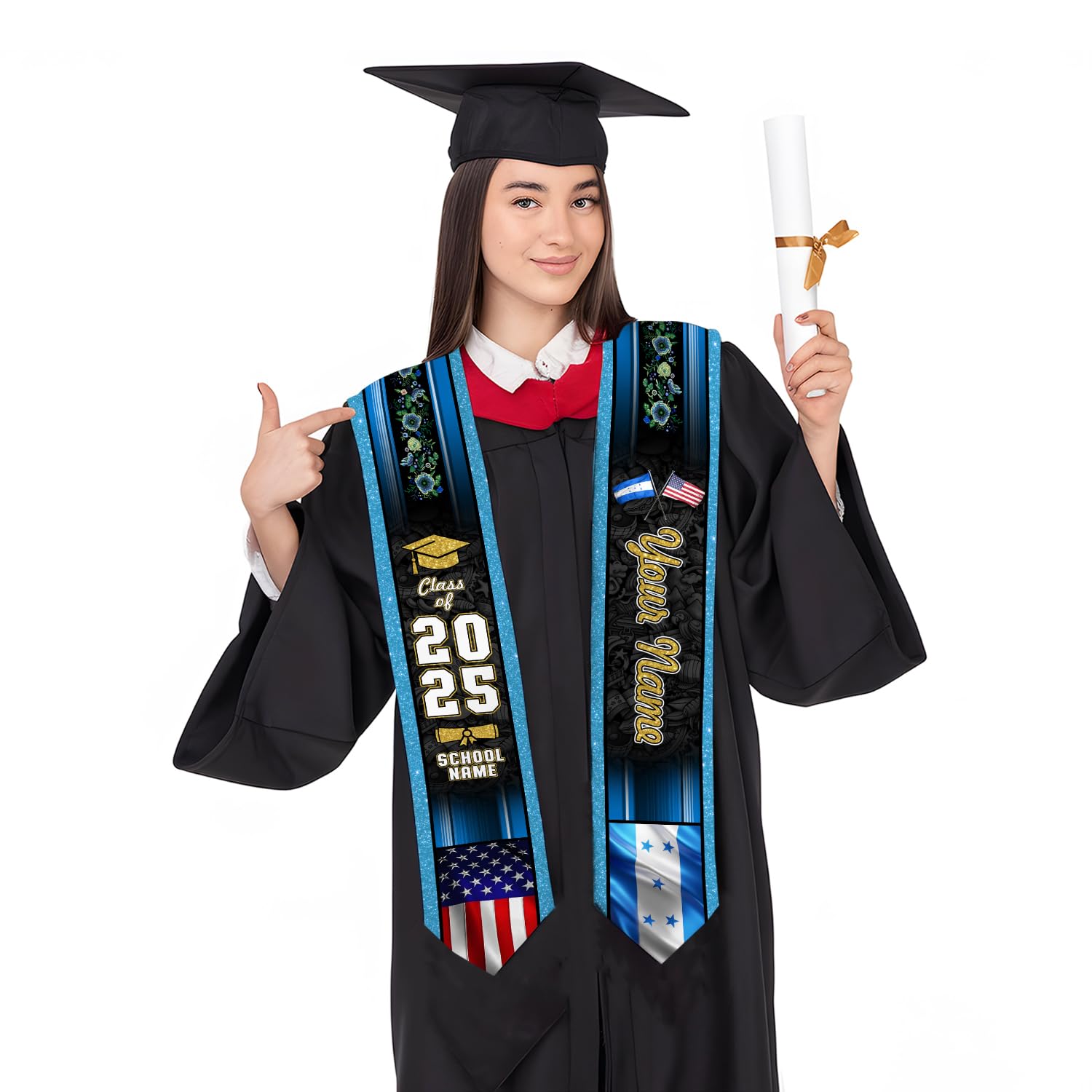 MonkeyVan Personalized Honduran Graduation Stole 2025,Custom Honduras Flag Sash,Honduras Graduation Stole for Class of 2025 S347