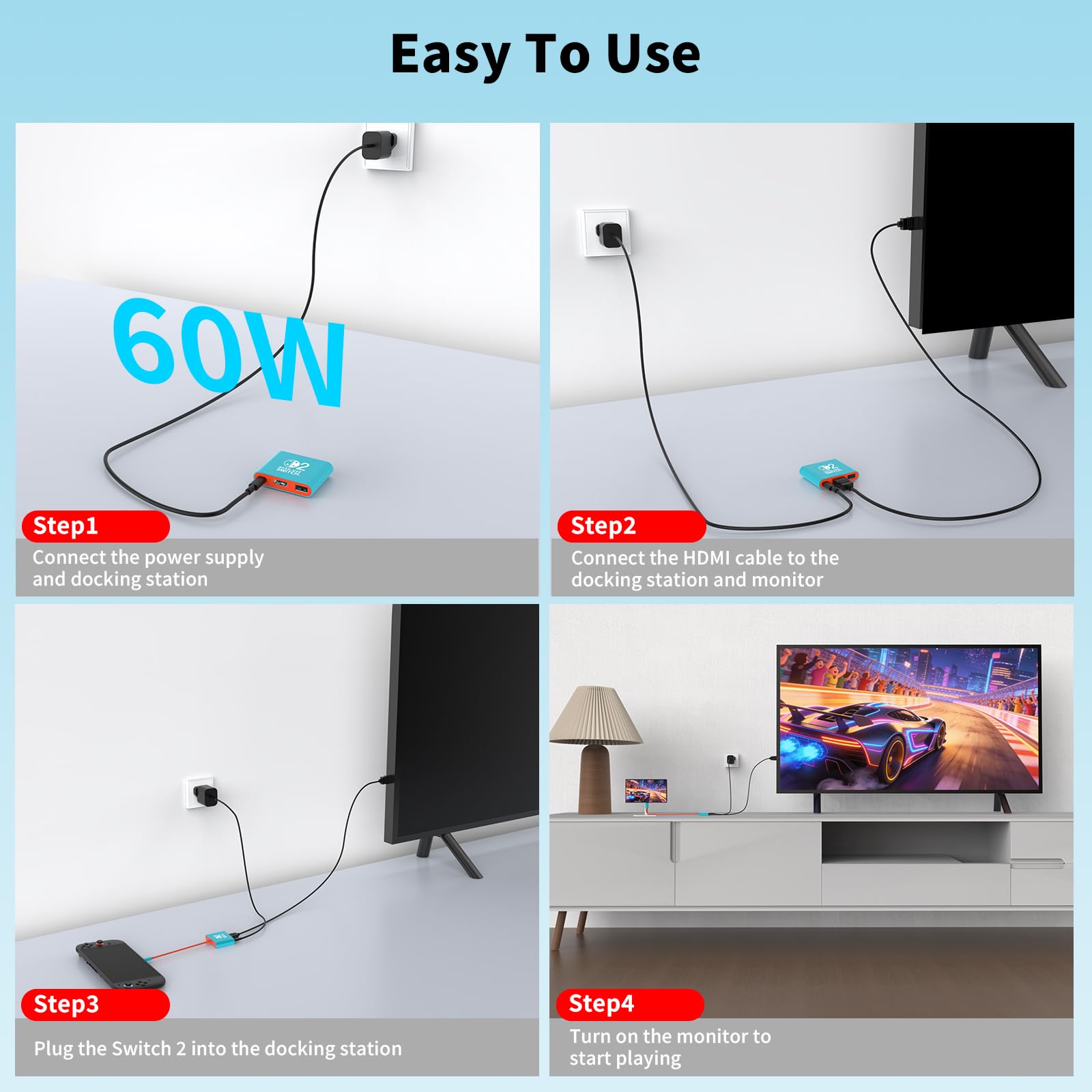 Switch 2 Dock with 60W Charger and HDMI Cable, Official replacement for the NS2 Dock with 4K/60Hz HDMI 2.0, PD 100W & USB 3.0, Portable Docking Station for Nintendo Switch 2 (2025), Switch 1 and OLED — view 6