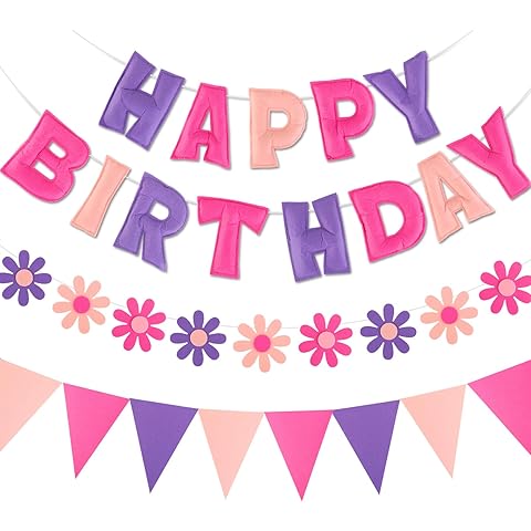 Felt Birthday Decorations, NO DIY, Pre-Strung 3D Felt Happy Birthday Banner with Fa...