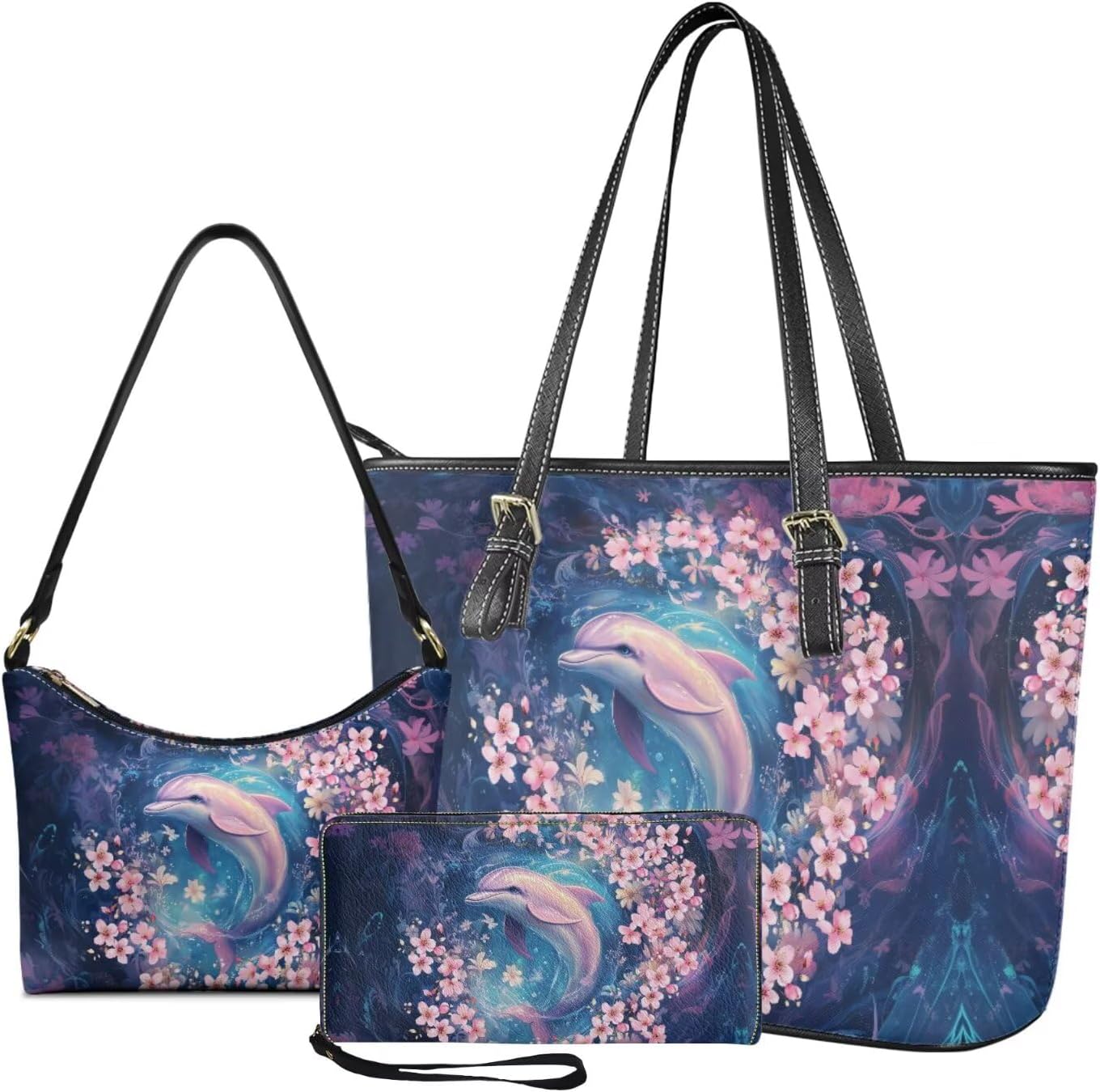 Lotusorchid Tote Top Handle Shoulder Bags Wallet Purse Set, 3 Pcs Satchel Purse Handbags with Matching Wallet Set for Women