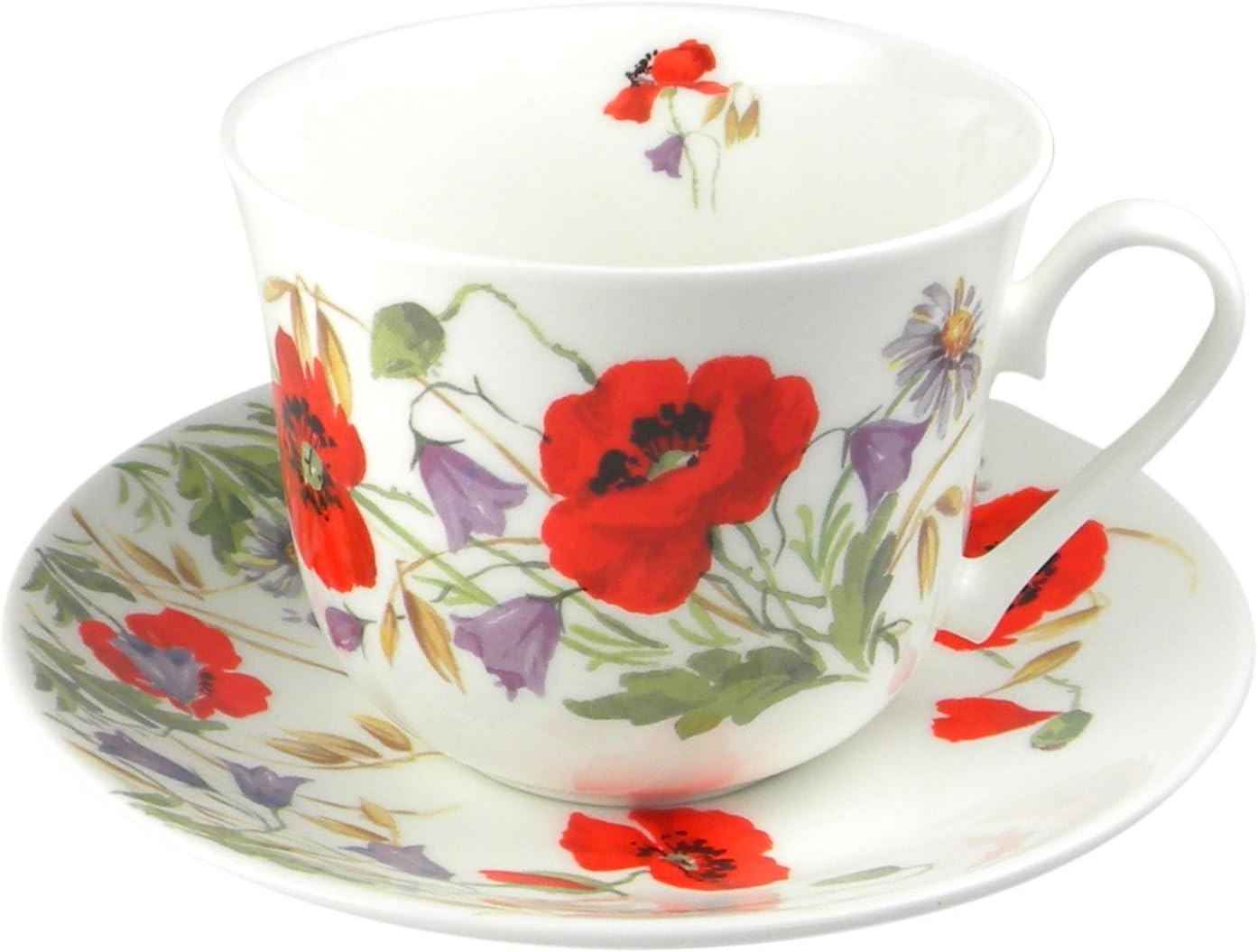English Meadow Poppy Flower Breakfast Teacup and Saucer Set Fine Bone China