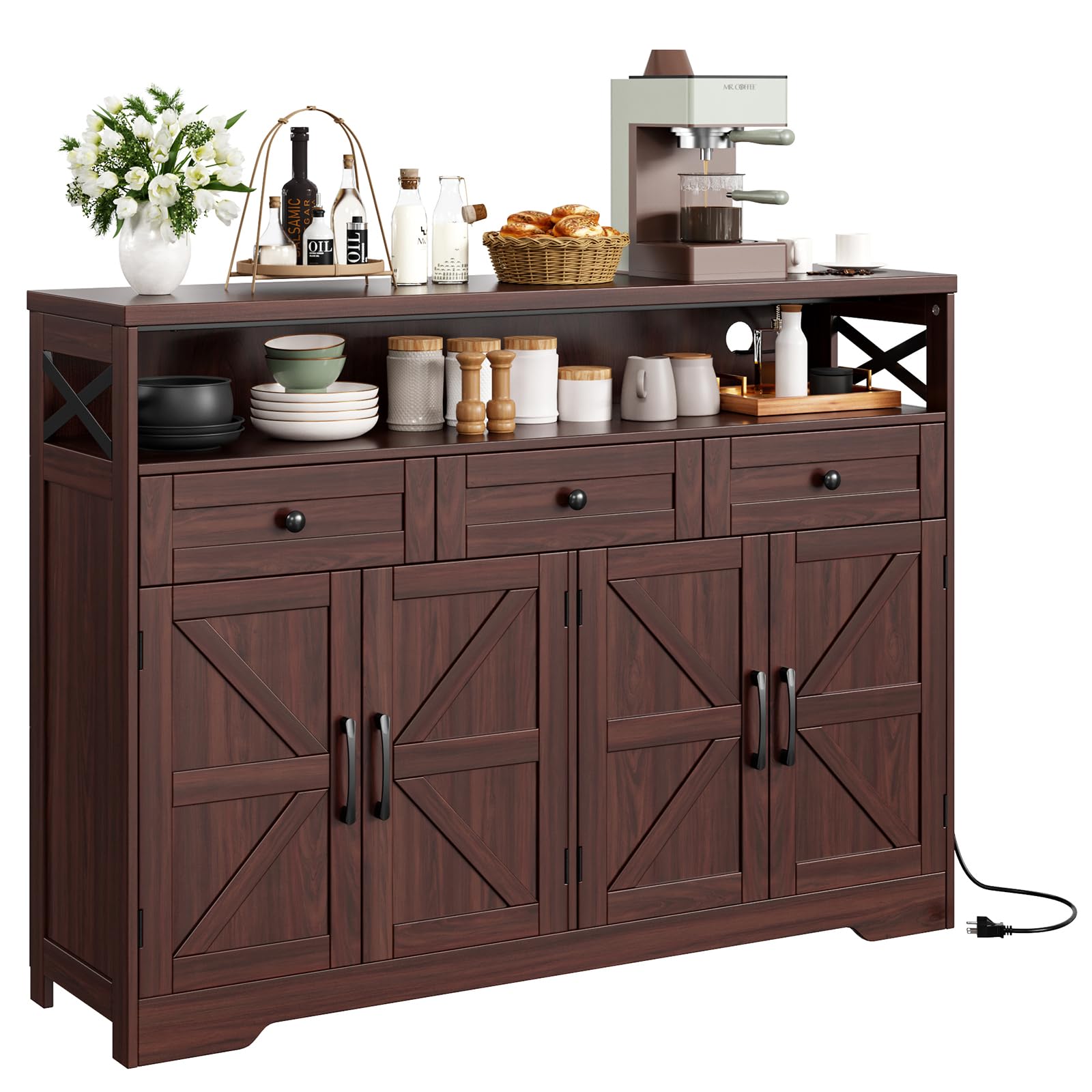 Befrases 52" L Modern Farmhouse Sideboard Buffet Cabinet, Brown Storage Cabinet with Drawers & Shelves, Kitchen Pantry Hutch, Coffee Bar Station Table