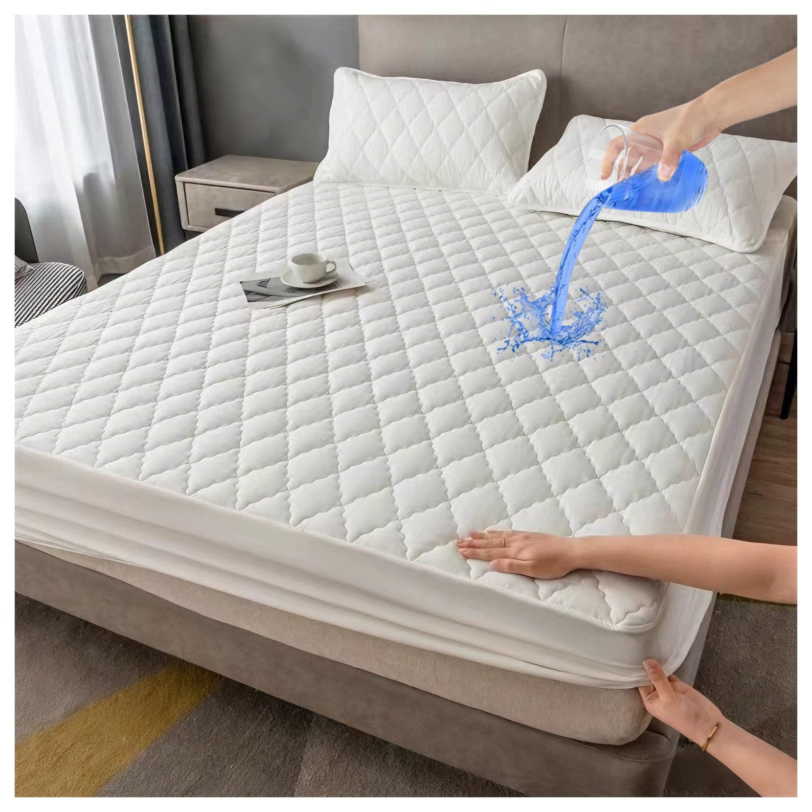 Waterproof Mattress Protector Twin Full Queen Cal King, Quilted Fitted Pad with Deep Pocket up to 10in, Noiseless Mattress Cover, Machine Washable(Cream,90x190cm/35x75in)