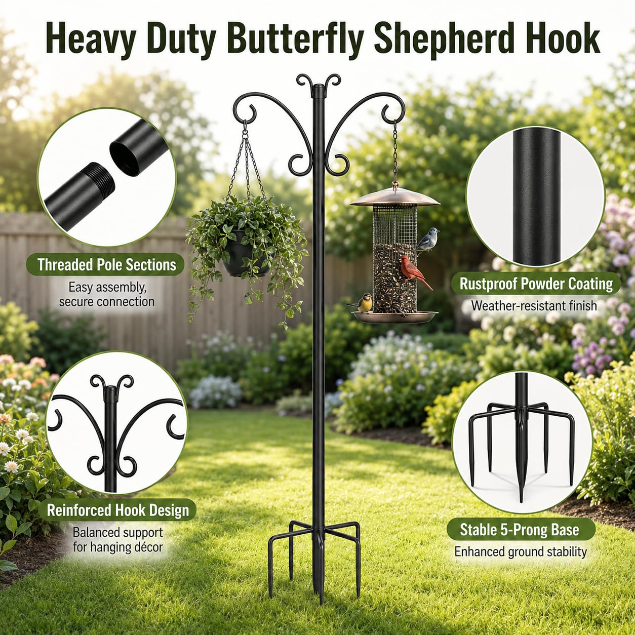 Hoofun Set di 2 ganci da giardino, 234 cm, mangiatoia per uccelli | Tubo in metallo da 19 mm, per esterni, con testa a farfalla e picchetto rinforzato per lanterne