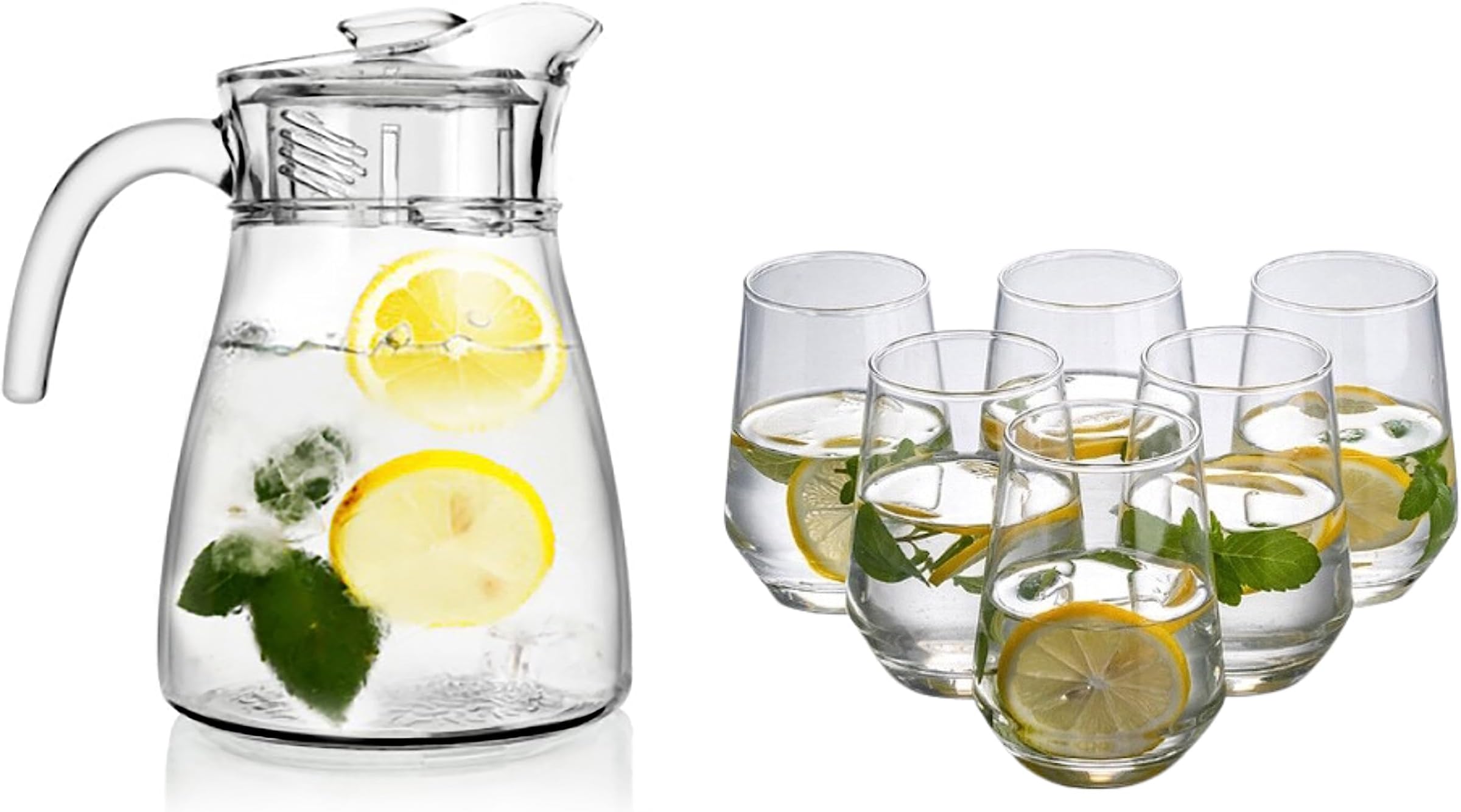 bellemax Italian Premium Water and Juice Glasses Set of 6 and Jug Set Combo,(6 Pieces Glasses 270ML and 1 Water Jug 1.8 Liter), Transparent, Glass and Jug Setf or Dining Table (Pinapple)