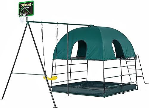 Miniatura 5 de JumpKing Ultimate Adventure Playset - 5 estaciones todo en uno con guarida de escalada de 2 niveles, columpio, aro de baloncesto, poste de bombero,