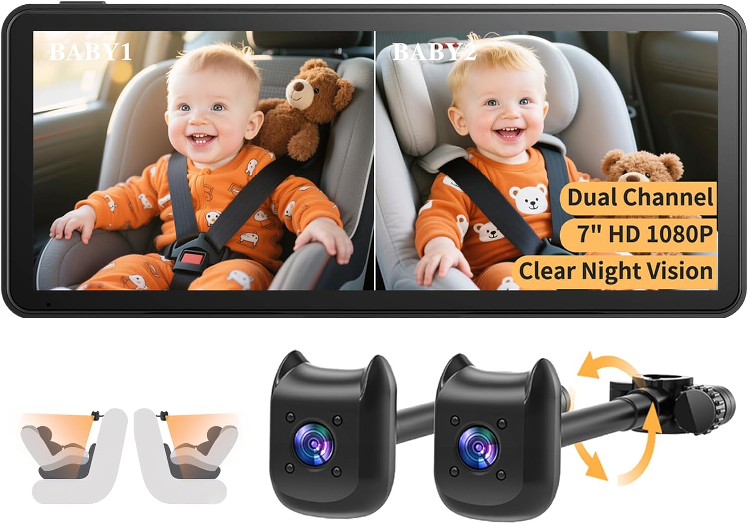 Dual Car Camera Baby Monitor with 6.9″ Split Screen-1080P HD Carseat Camera for 2 kids with 360° Full Rotation-Night Vision, Auto-detail Enhancement, 2 Power Ways, Easy Install, for Twins & Siblings