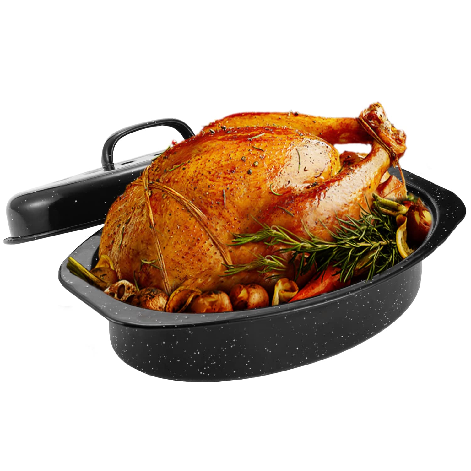 JY COOKMENT Granite Roaster Pan, Small 13” Enameled Roasting Pan with Domed Lid. Oval Turkey Roaster Pot, Broiler Pan Great for Small Chicken, Lamb. Dishwasher Safe Cookware Fit for 7Lb Bird