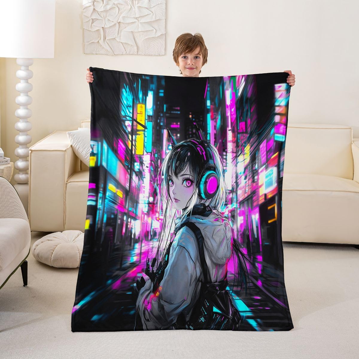 Erosebridal Anime Girl Blanket Queen 90x90,Japanese Style 3D Anime Throw Blanket for Kids Girls Boys Room Decor,Sci Fi Style Gaming Fleece Blanket,Hot Pink Colorful Fuzzy Blanket for Living Room
