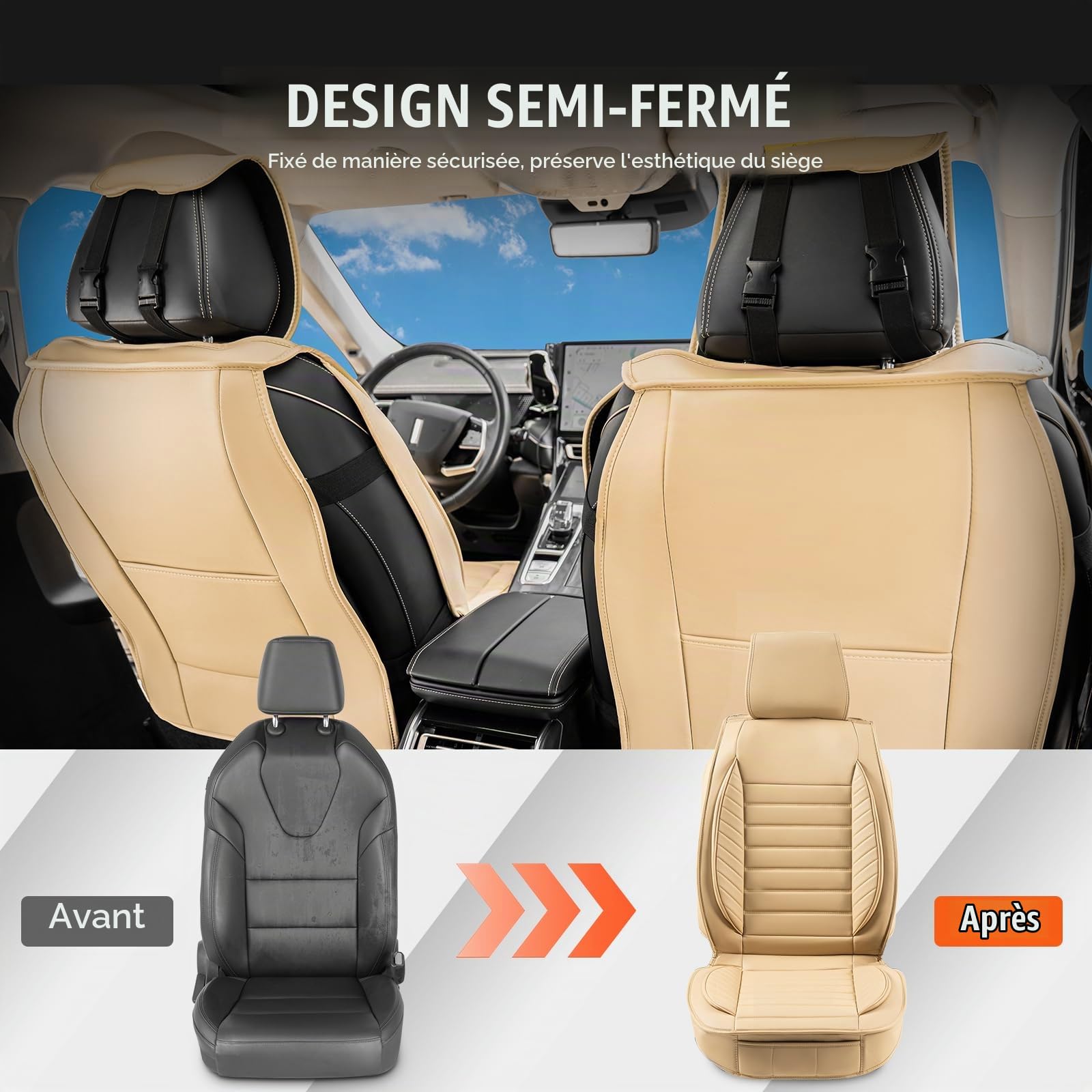VEVOR Housses de siège de voiture universelles pour sièges avant, 2 pcs, housse de siège en simili-cuir, conception entièrement fermée, appuie-tête détachable, airbag, pour voitures SUV camions, beige