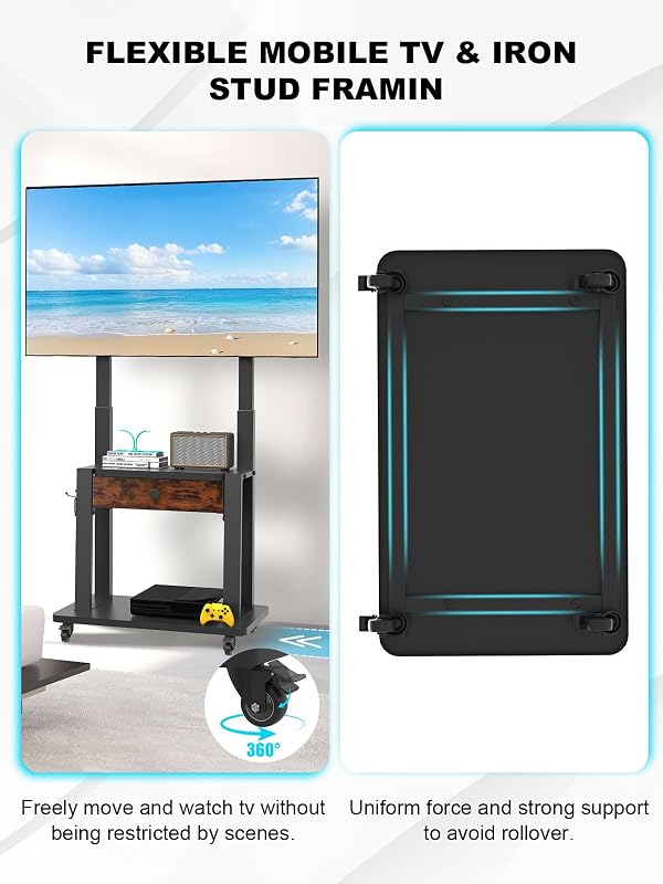 Rolling TV Stand with Fabric Drawer Storage for 32-75 Inch Flat/Curved Screen up to 220lbs LCD/LED/OLED Adjustable Height Mobile TV Cart with Wheels for Home Office Outdoor Max VESA 600x400mm by Hellsehen - Image 4