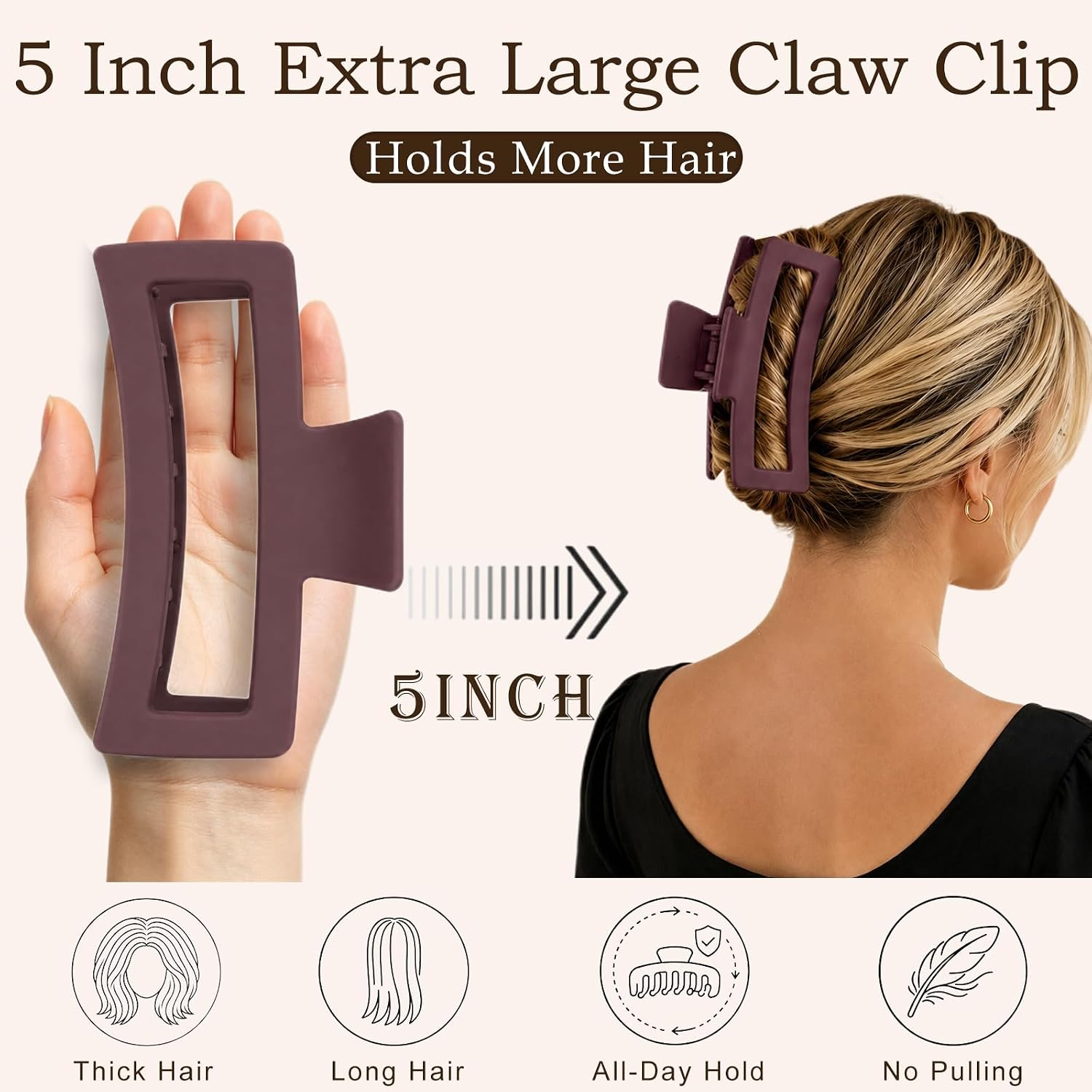 4 Pack Extra Large Hair Claw Clips for Thick Hair, Matte Rectangle Jaw image 2