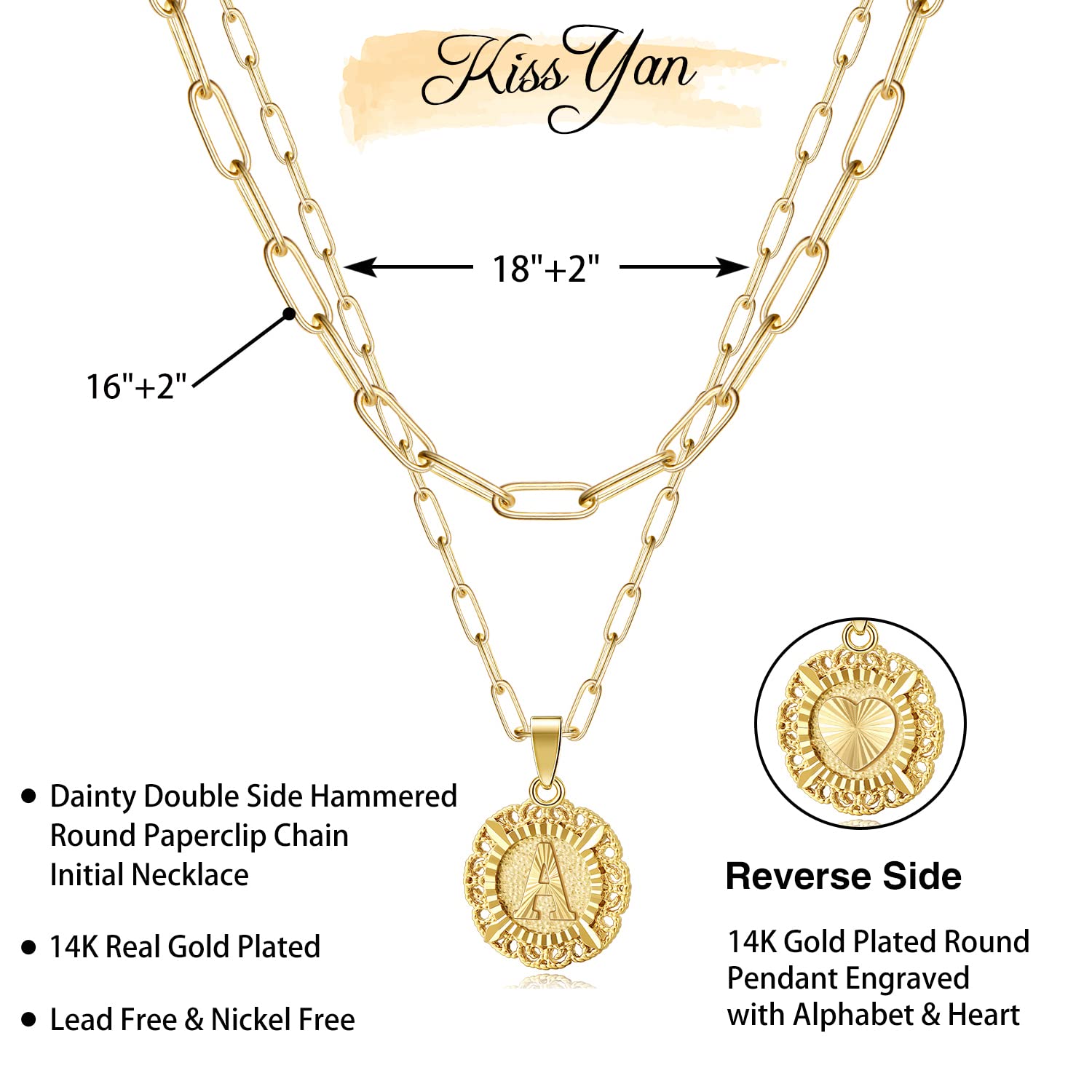 KissYan Layered Initial Necklaces for Women, 14K Gold Plated Hexagon Letter Pendant Silver Chain Dainty Layering White Gold Paperclip Link Adjustable Capital A-Z Choker Necklace Trendy Jewelry Gifts