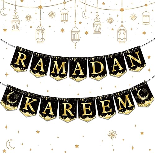 Cartel de Eid Al-Adha para decoración de fiesta, farol de luna negro y dorado, banderines colgantes de Eid Al-Adha, suministros de fiesta para el