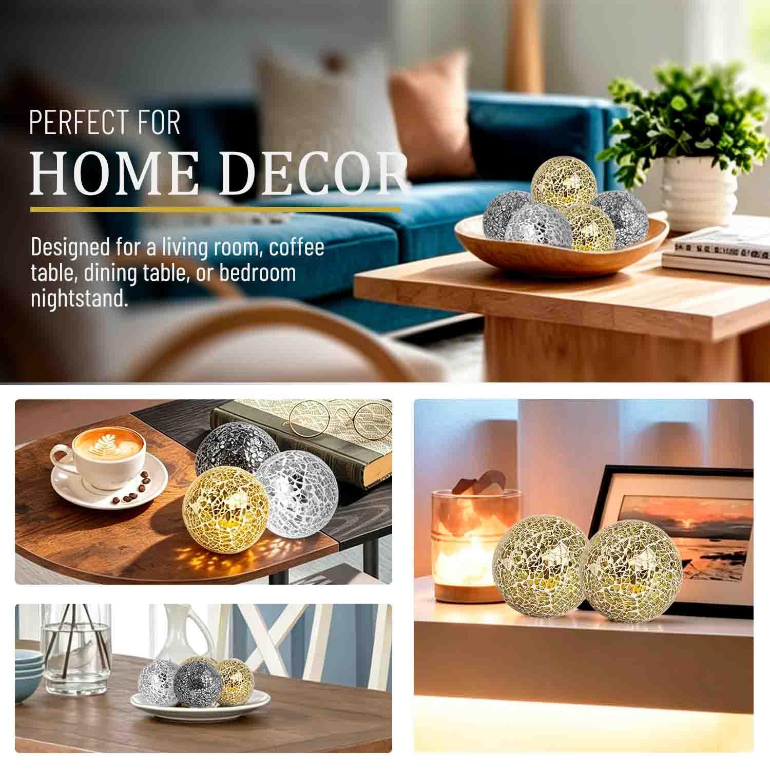 Juego de 3 bolas de cristal decorativas de 4 pulgadas, esfera de mosaico para artículos del hogar, boda/cumpleaños, cuencos, jarrones, centros de mesa de comedor (plateado, negro, dorado)