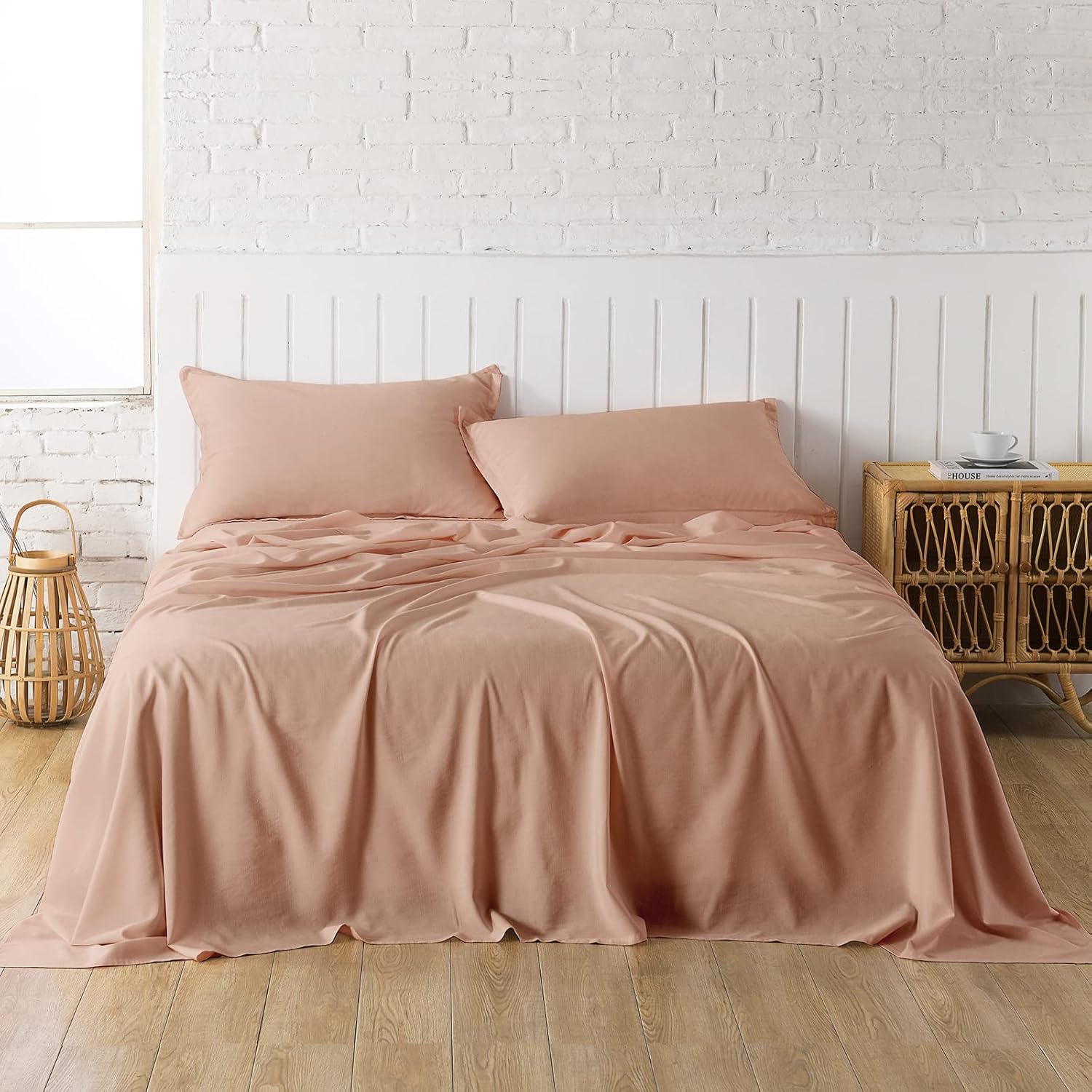 Dusty Pink Linen-Textured Bed Sheets Set, Bamboo Rayon , Cotton , Linen Blend Bed Sheets Queen Size, Soft Cool & Breathable for Hot Sleepers,Durable Natural Organic Bed 15'' Deep Pocket - 4 Piece - Image 2