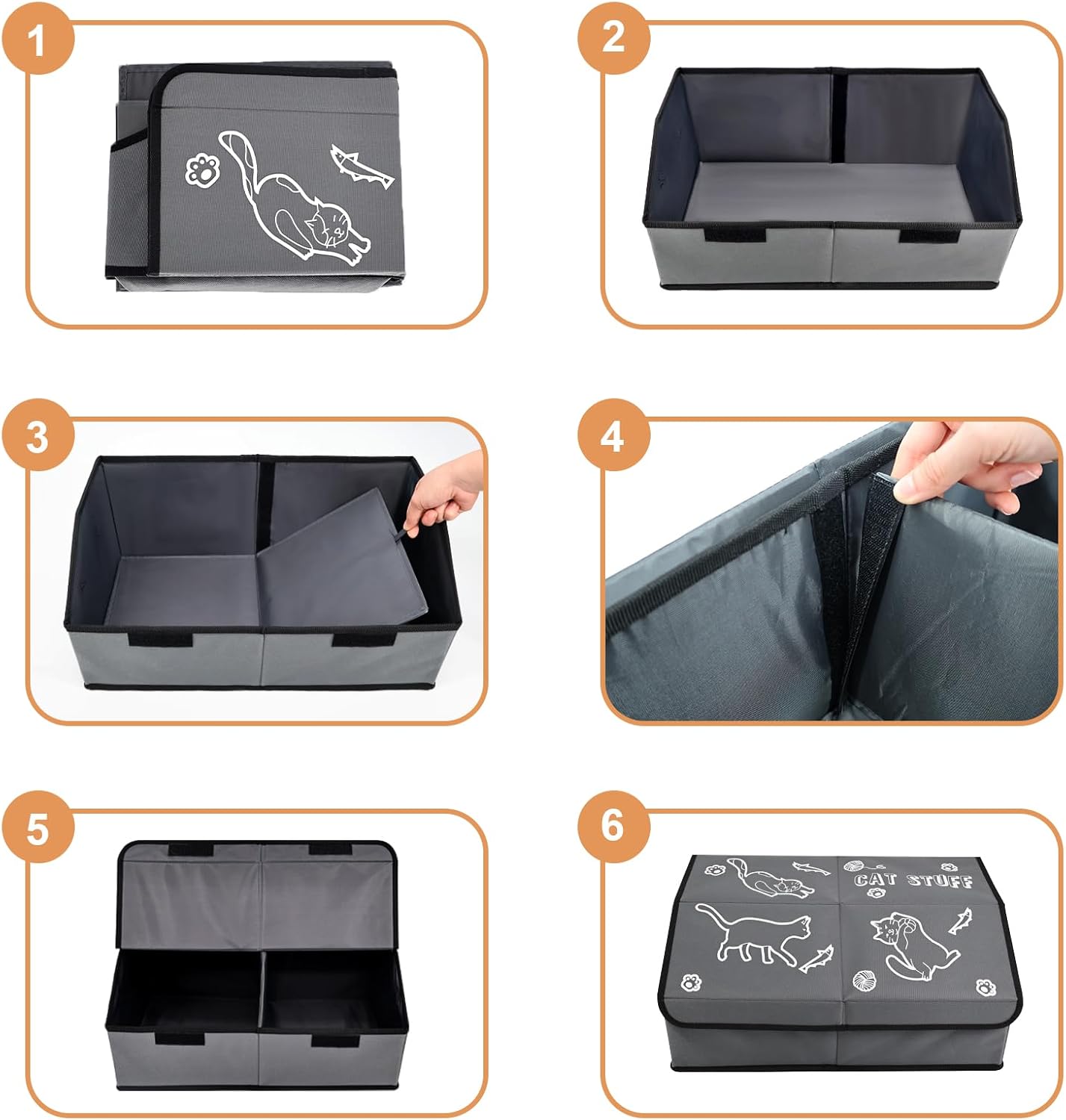 Cat Toy Basket with Lid and Removable Divider, 19" Collapsible Pet Storage with Lid and Handle, 600D Cute Living Room Kitten Box Organizer for Pet Toys, Blankets and Accessories - Grey (2 Pack)