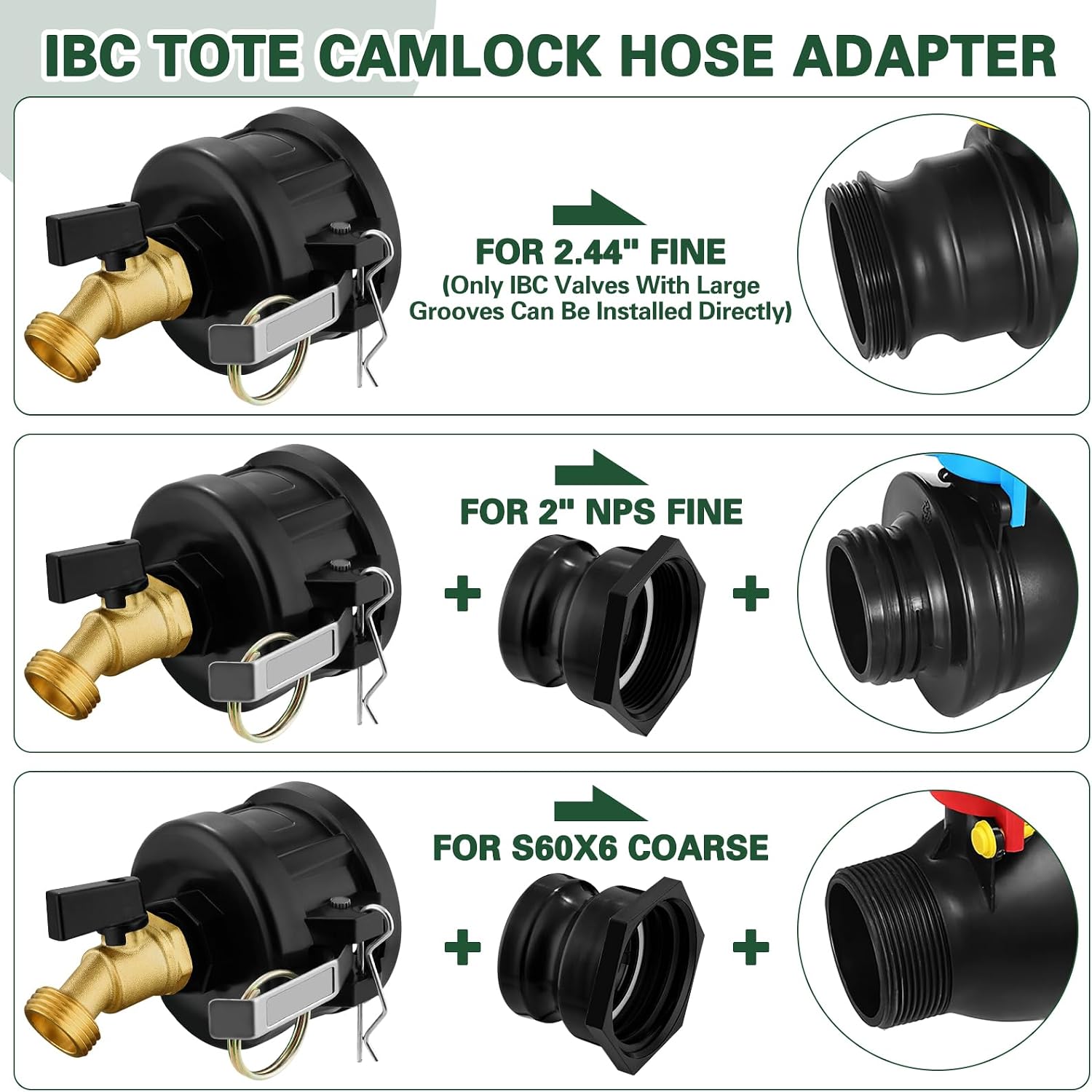IBC Tote Adapter, 2" Cam Lock for 275-330 Gallon IBC Tote Tank with 2packs Groove Fittings, IBC Tote to Garden Hose Adapter with Brass Hose Faucet (3/4" Male NPT Inlet ×3/4" Male GHT Threaded) image 5