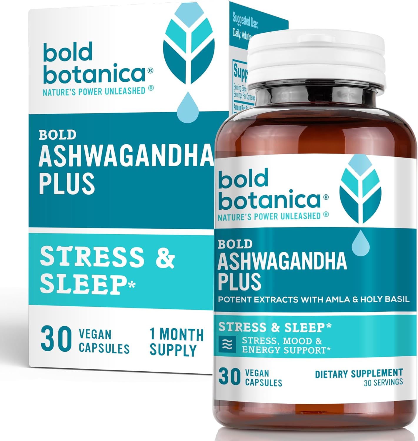 Bold Botanica Ashwagandha Plus – Apoyo al estrés, el estado de ánimo, la memoria y la energía – Extractos potentes de raíz y hoja con amla y