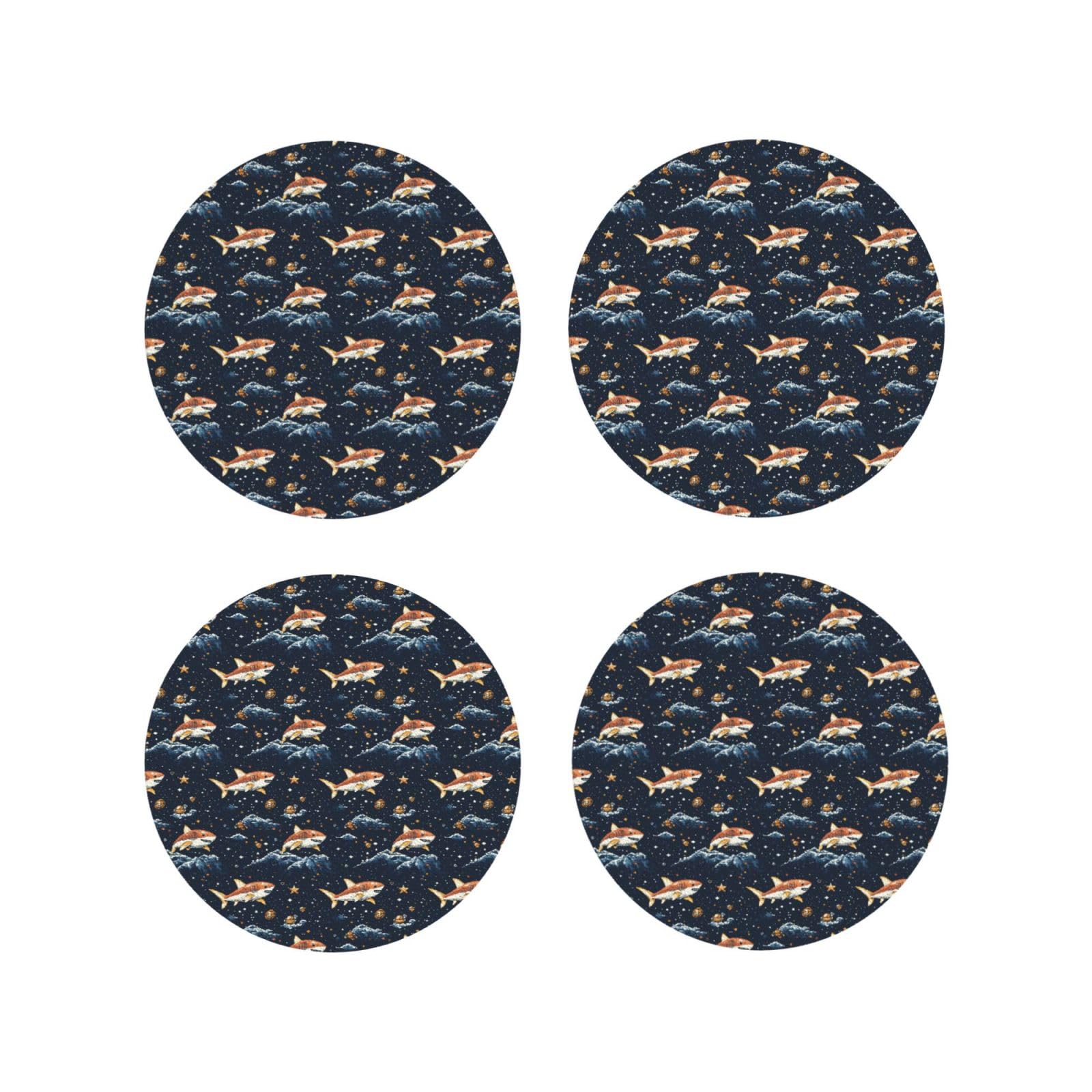 Leather Coasters Set of 4 - Orange Cartoon Shark Print Lightweight Drink Coasters for Desk