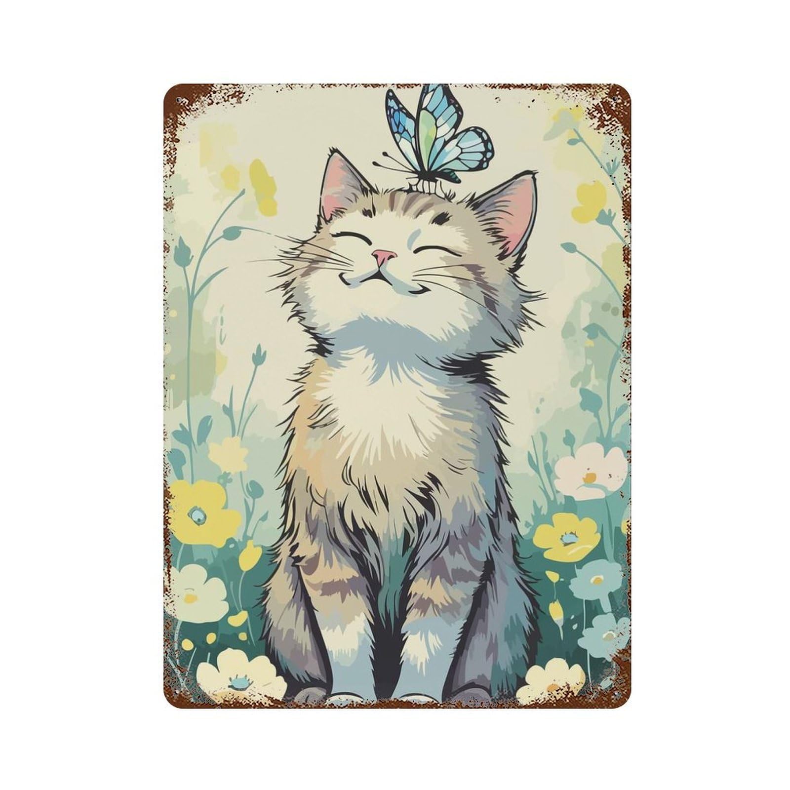 Cat with Butterfly in Flower Field Decorative Tin Sign 15.7"x11.8", Ideal for Garage, Bar And Workshop Decor