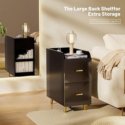 Miniatura 4 de YILQQPER Mesita de noche con luz LED, estación de carga, 2 cajones profundos y estantes, mesita de noche de madera para dormitorio y sala de estar,