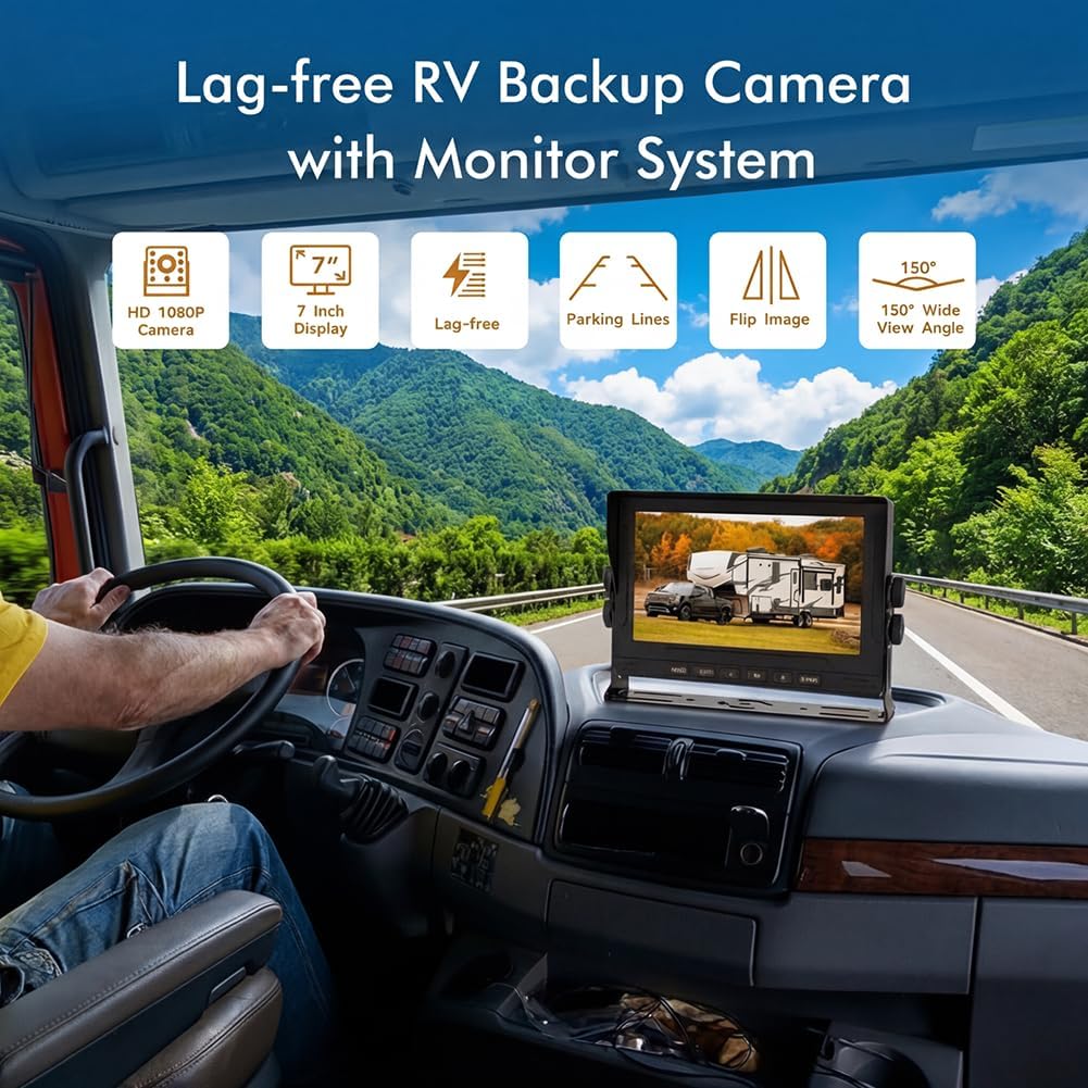 7-Inch HD 1080P Wired Backup Camera System – IP69 Waterproof Night Vision Camera + 43ft Extension Cable – for RV Truck Trailer Tractor Heavy Equipment – Plug and Play (Monitor + 1 Camera)