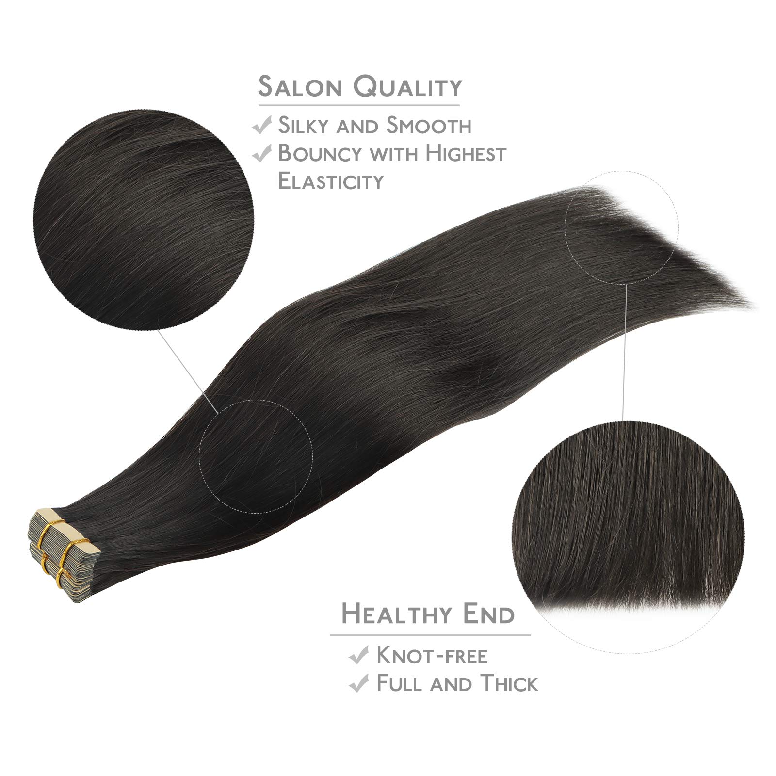 WENNALIFE Tape Extensions Echthaar, 20pcs 50g 60cm 24 Zoll Natürliches Schwarz Remy Invisible Tape Extensions Seidig Gerade Echthaar Extensions Skin Weft Tape Ins - 4