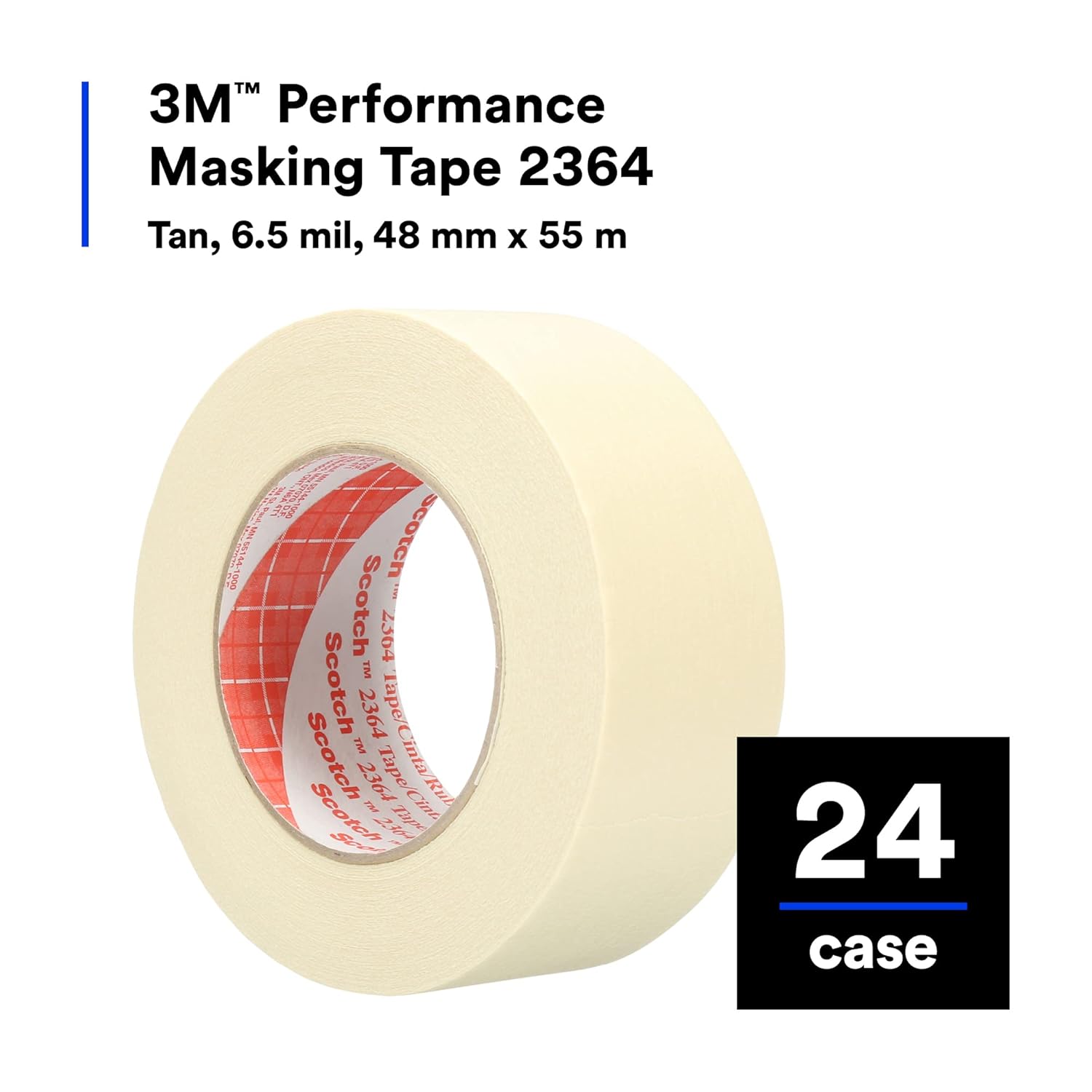 3M Performance Masking Tape 2364, Clean Removal, Versatile Adhesive, Tan Color, 6.5 mil, 48 mm x 55 m, 24 Rolls