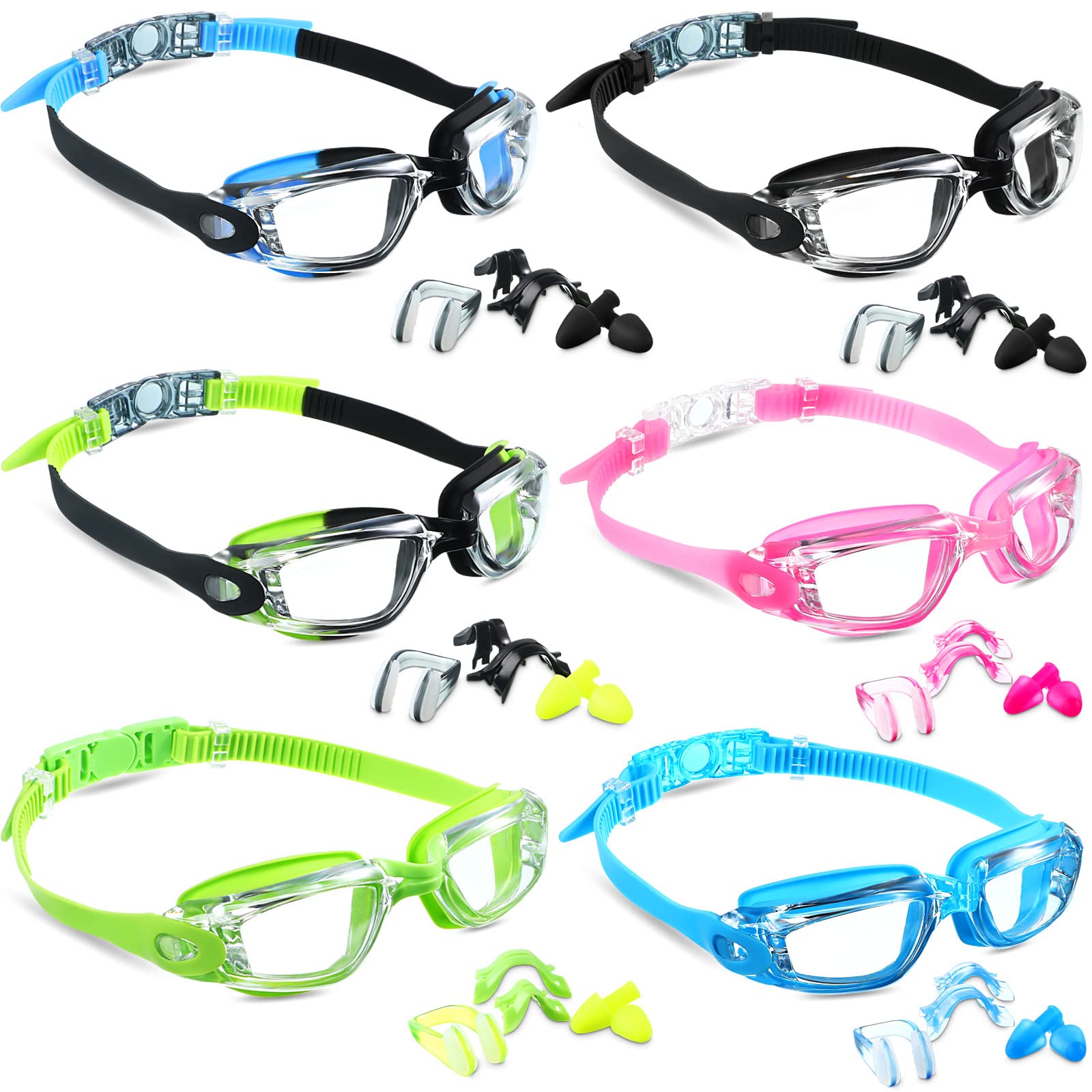 6 Pack Swim Goggles Anti Fog Swimming Goggles Soft Silicone Frame No Leaking Pool Goggles Anti UV Swimming Glasses with 6 Nose Clips 6 Earplugs for Adult Women Men Youth Kid over 8 Years Old, 6 Colors