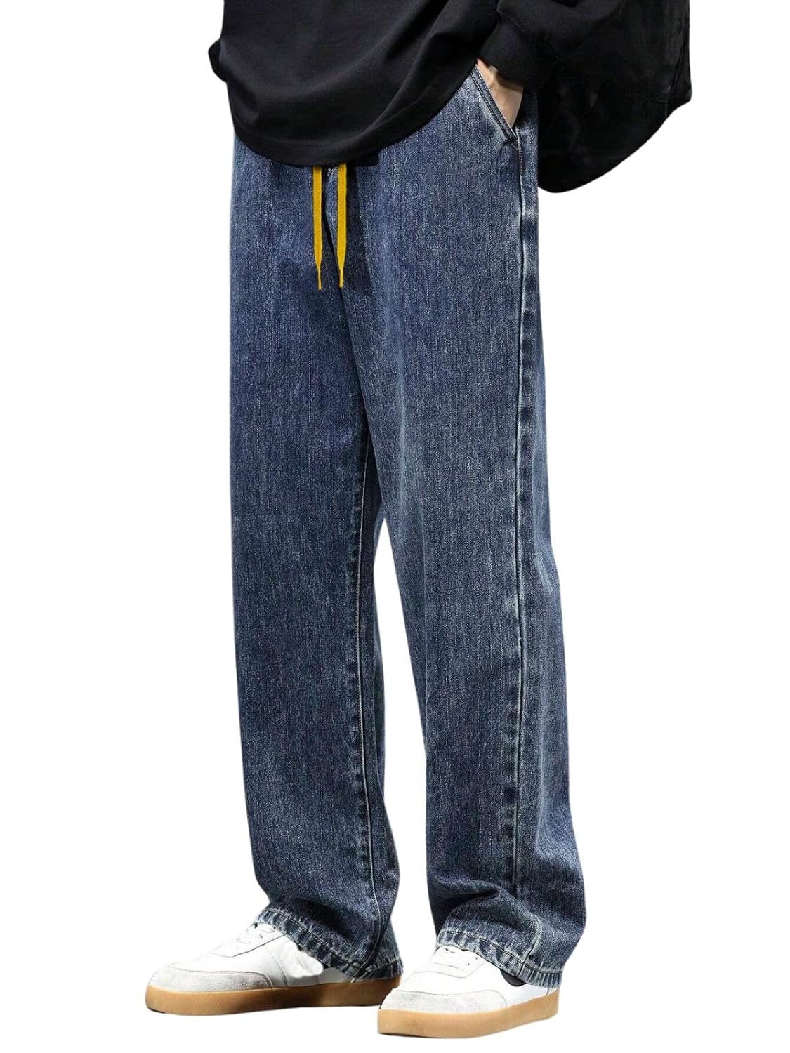 GRECIILOOKS Men’s Relaxed Fit Straight Leg Denim Jeans | Casual High-Waist Baggy Pant with Drawstring | Comfortable All-Day Wear