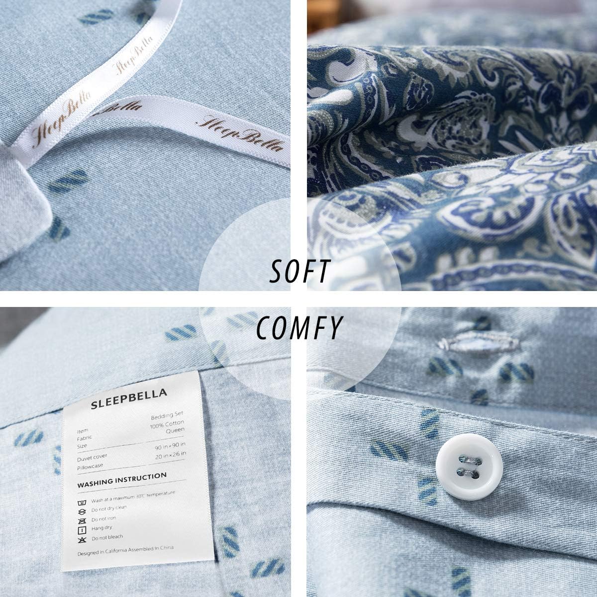 SLEEPBELLA Duvet Cover Queen, 600 Thread Count Cotton Blue & Green Paisley Floral Pattern Comforter Reversible Cover … - Image 6