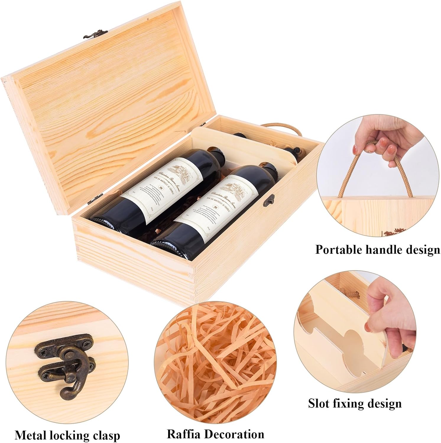 Vintage Wooden Wine Gift Box for 2 Bottles - Reusable Storage & Shipping Crate with Rope Handle, Wine Boxes for Gifts/Moving/Home Decor (1PC)