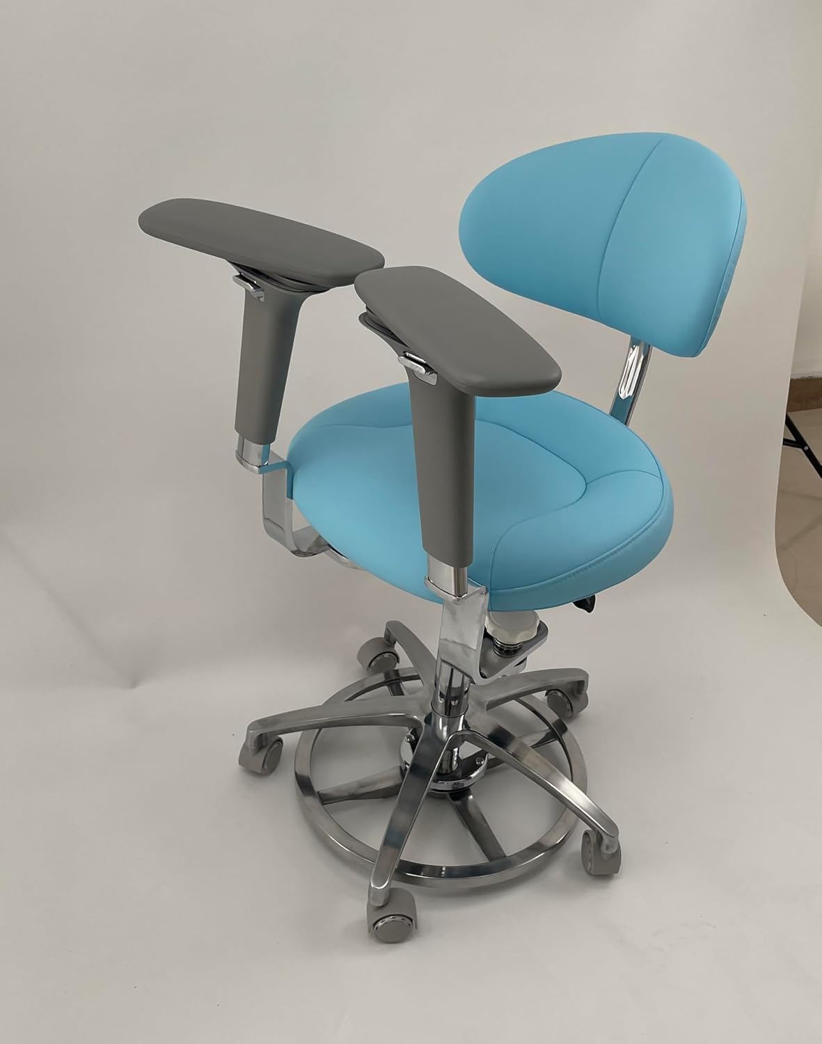 Ergonomic Dental Saddle Assistant Chair Stool with Rotatable 4D Armrest and Back Support for Microscope Operator in Dental Clinics,Luxury Aluminium Foot Operated Base (C7 Champagne)
